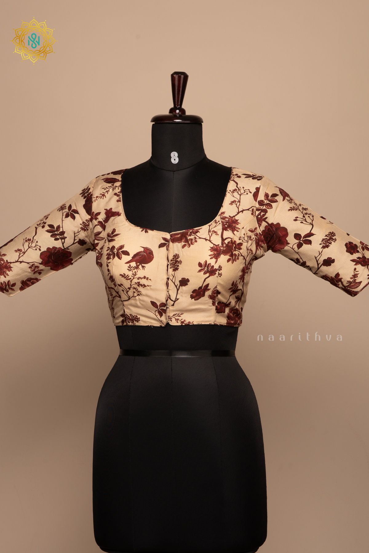 Beige With Maroon - Dola Silk Readymade Blouse With Floral Prints