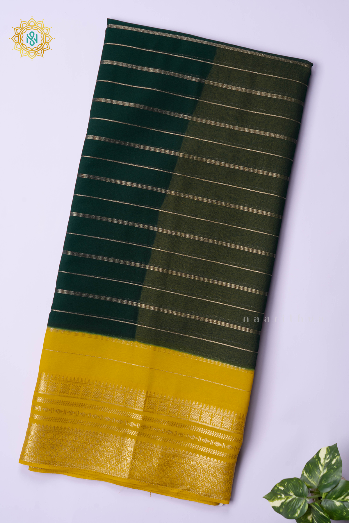 BOTTLE GREEN WITH YELLOW - SEMI GEORGETTE