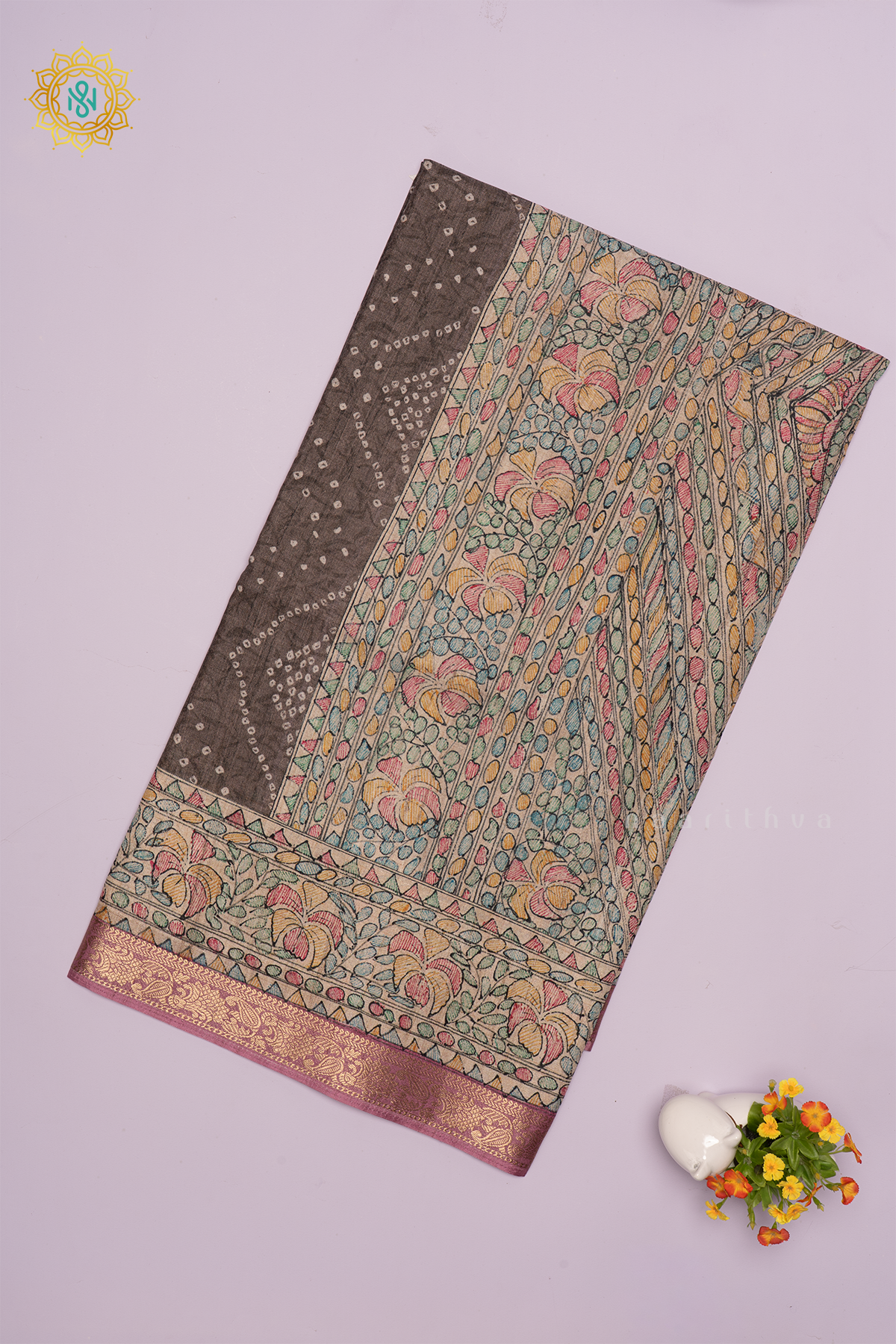 Grey With Pink Linen Tussar Saree With Printed Body