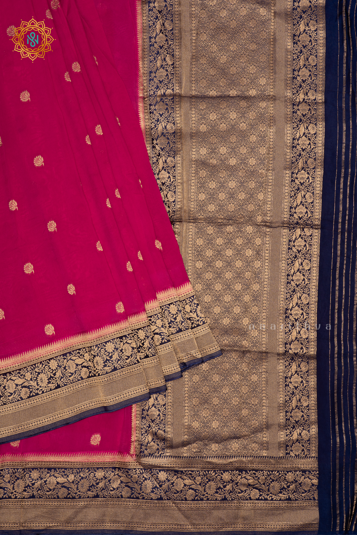 Pink with Navy Blue Pure-Mix Banarasi Crepe Saree with All-Over Zari Buttas and a Contrast Zari Border