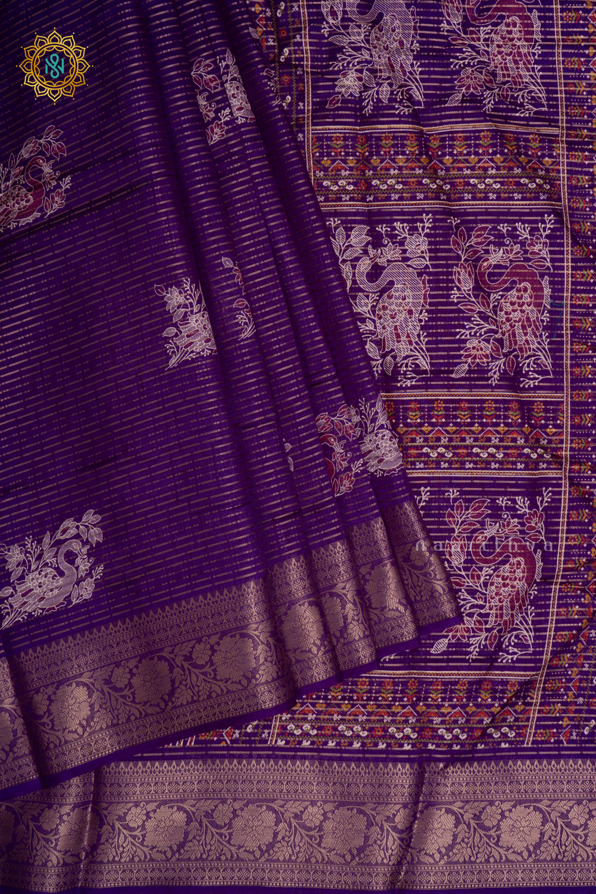 Purple Dola Silk Saree With Allover Printed Buttas And Zari Stripes With Zari Border