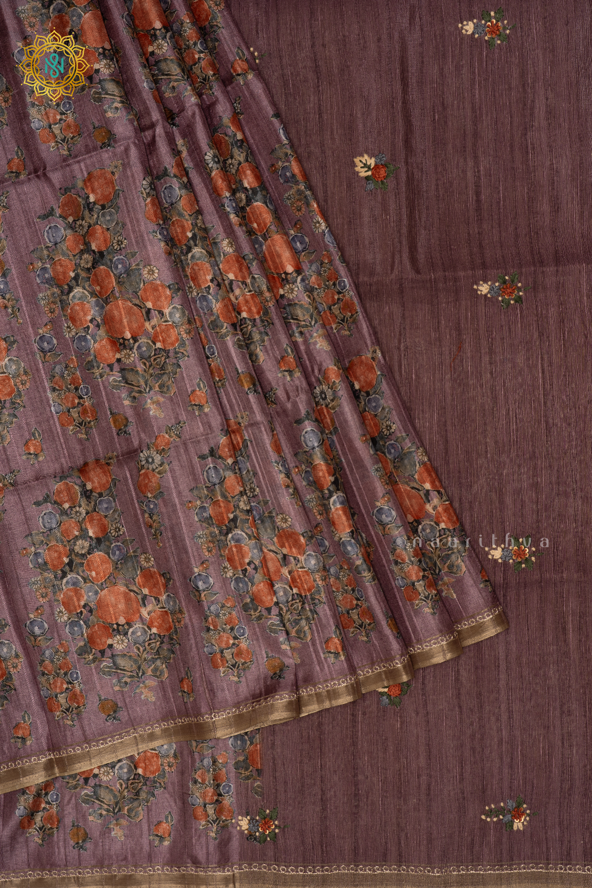MAUVE - KOTHA TUSSAR SAREE WITH PRINTED BODY, EMBROIDERY WOVEN BUTTAS AND AARI WORK BORDER
