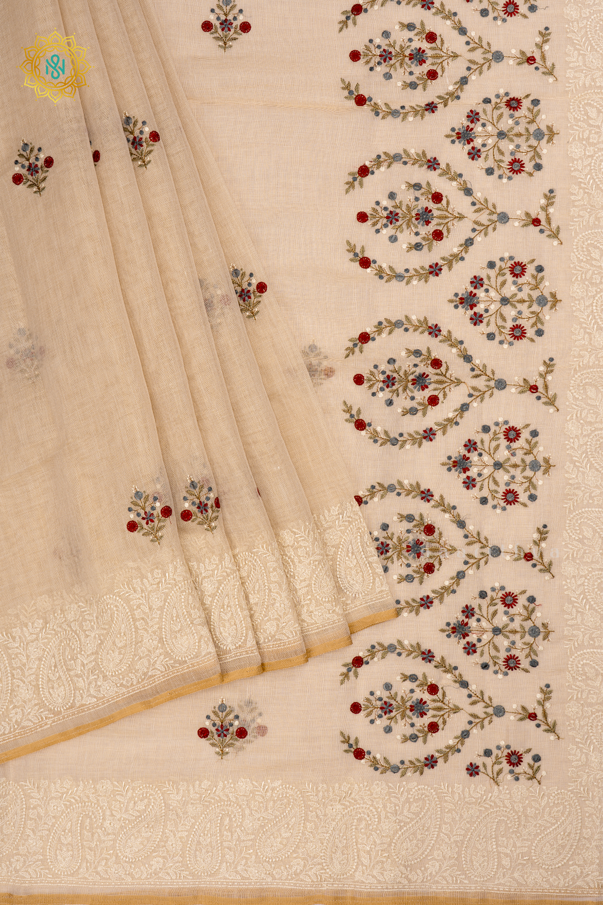 Off White with Magenta Linen Tissue Saree with Allover Thread Work, Border and pallu