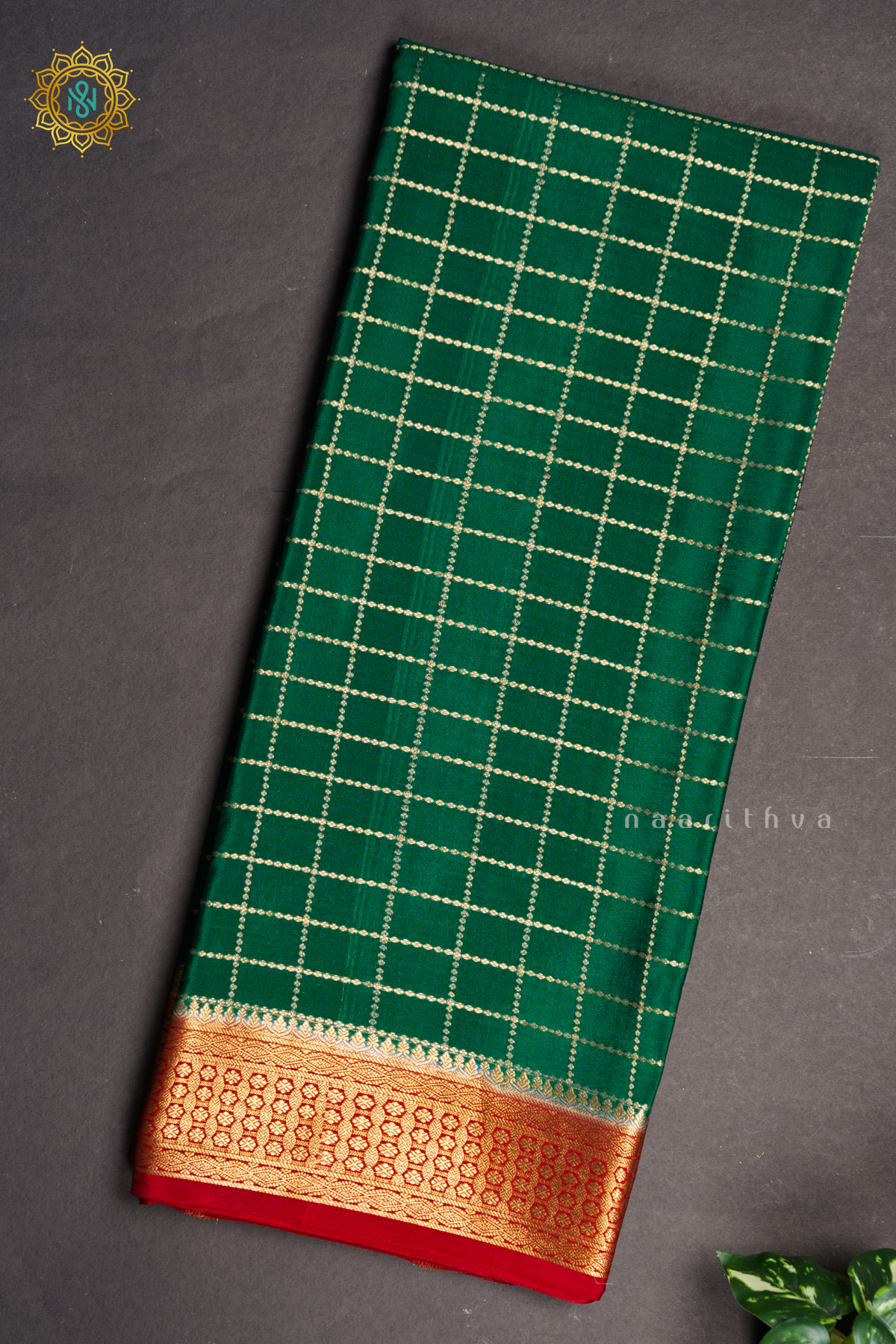 BOTTLE GREEN WITH RED - PURE MYSORE CREPE SILK