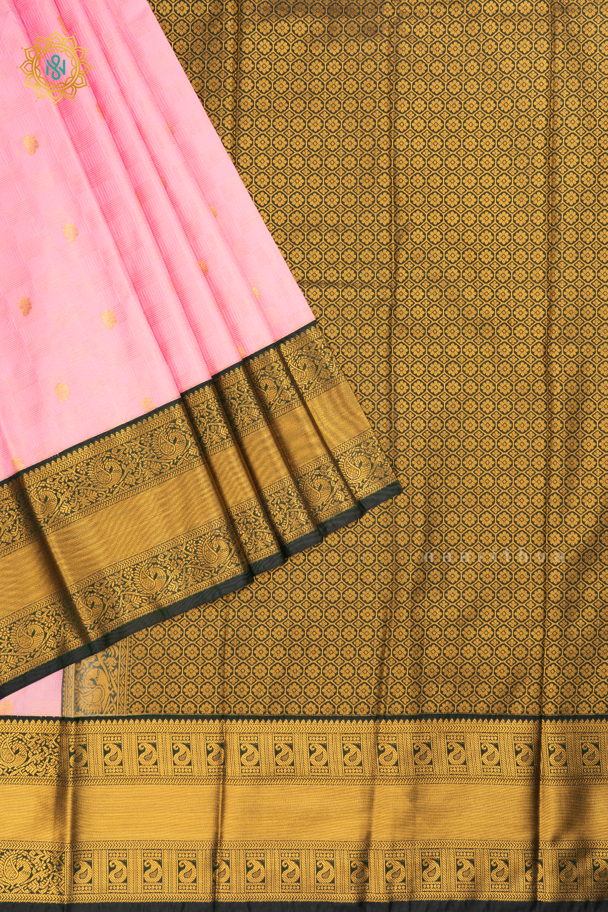light Pink with Dark Peacock Green Semi Kanchi Saree With Zari Buttas All Over And Contrast Zari Border