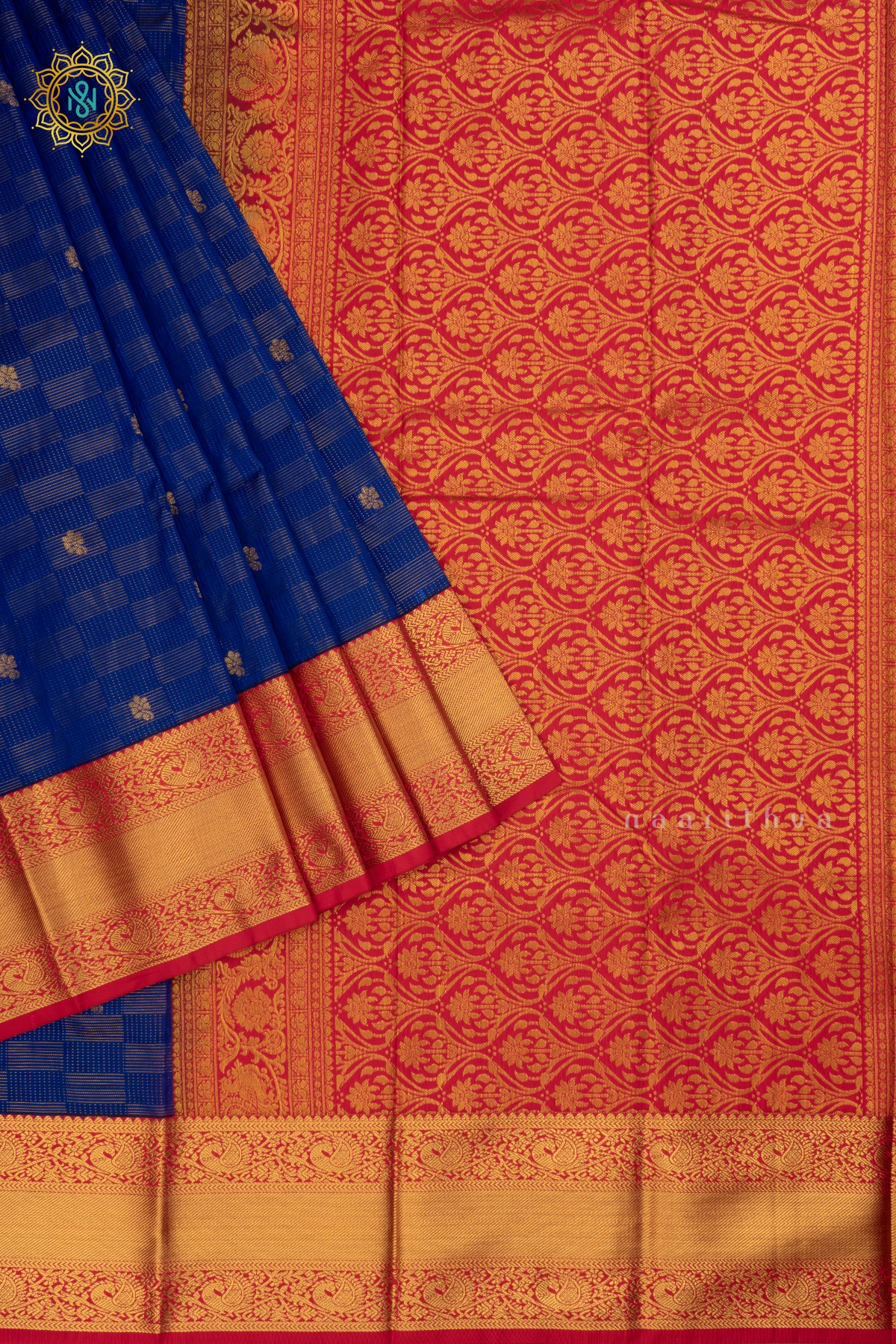 Royal Blue with Rani Pink Semi Kanchi Saree With Zari Buttas All Over And Contrast Zari Border