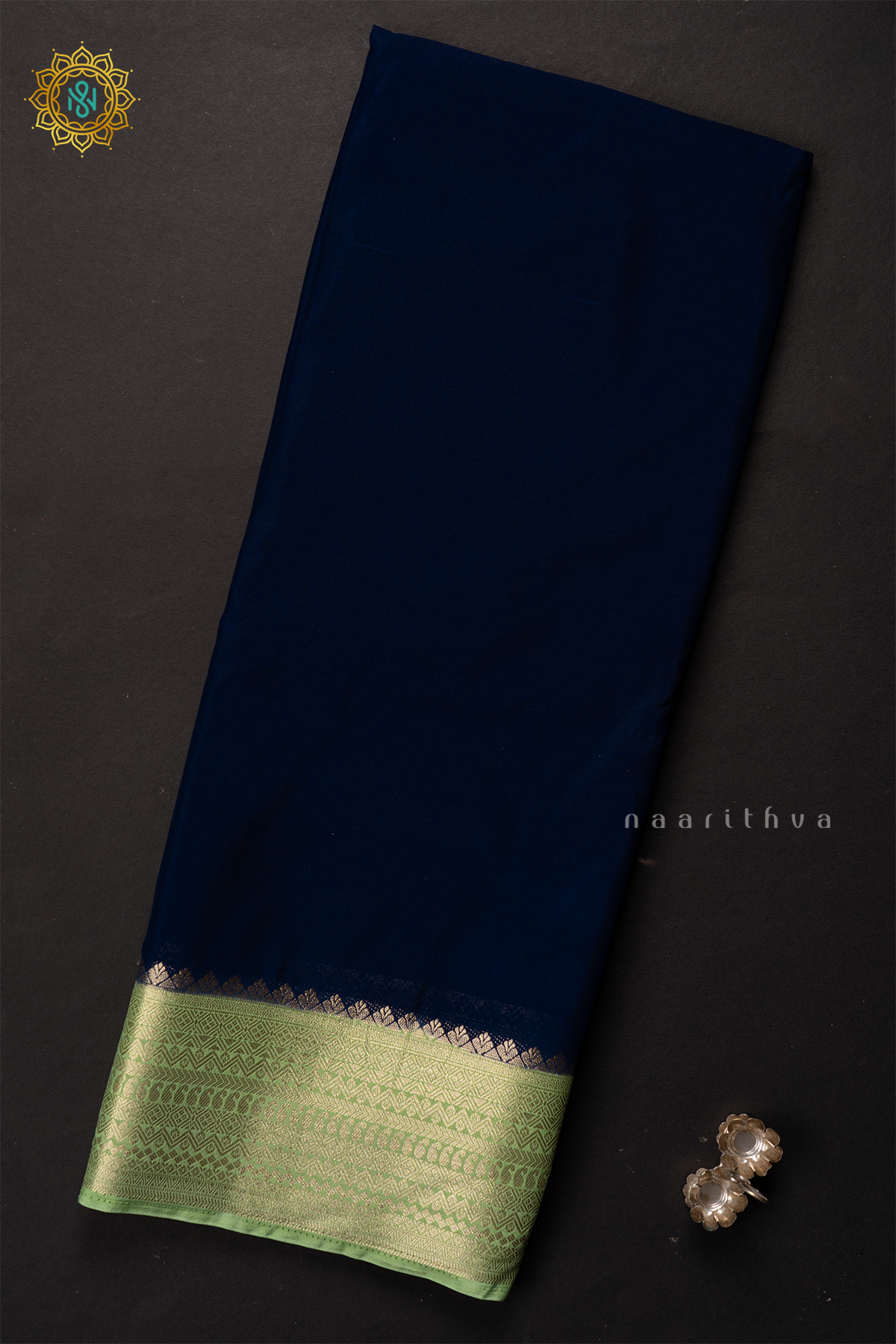NAVY BLUE WITH LIGHT GREEN - SEMI MYSORE CREPE SILK