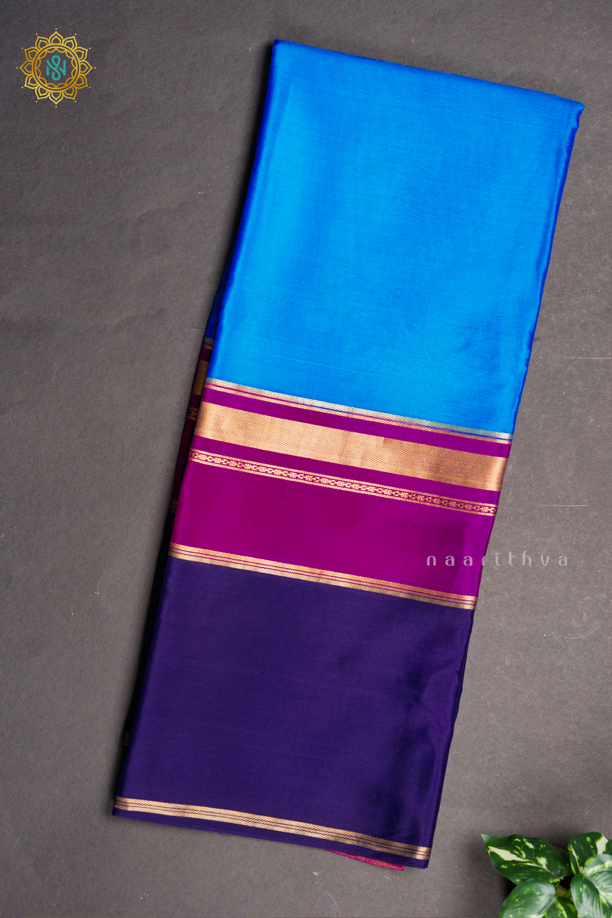SKY BLUE WITH MAGENTA & NAVY BLUE - PURE MYSORE CREPE SILK