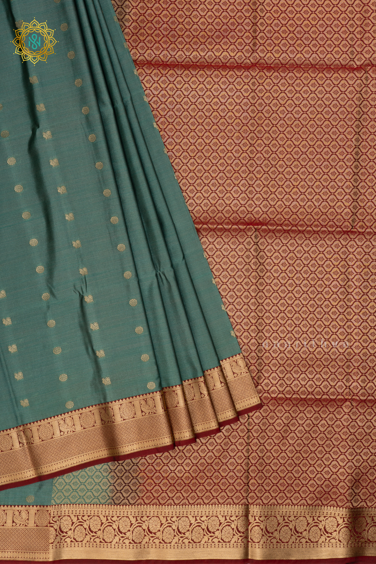 Aqua Blue With Maroon Semi Soft Silk Saree Allover Zari Buttas And Contrast Zari Border