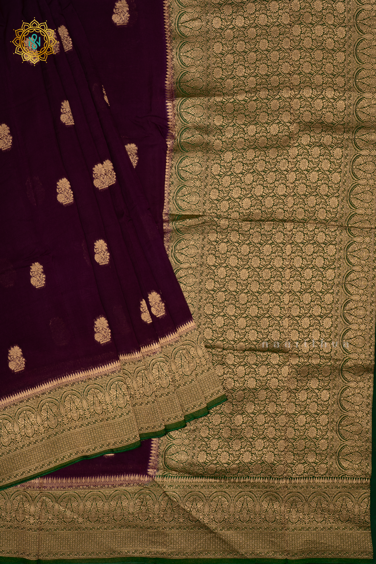 Wine with Green Pure-Mix Banarasi Crepe Saree with All-Over Zari Buttas and a Contrast Zari Border