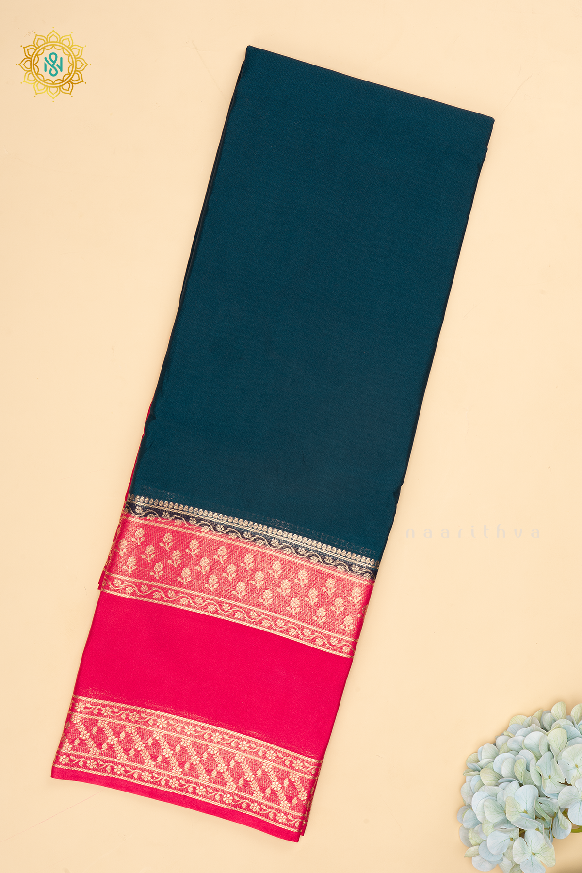 Peacock Blue with Pink Semi Mysore Crepe Silk Saree Allover Plain Body with Contrast Zari Border, Pallu and Blouse