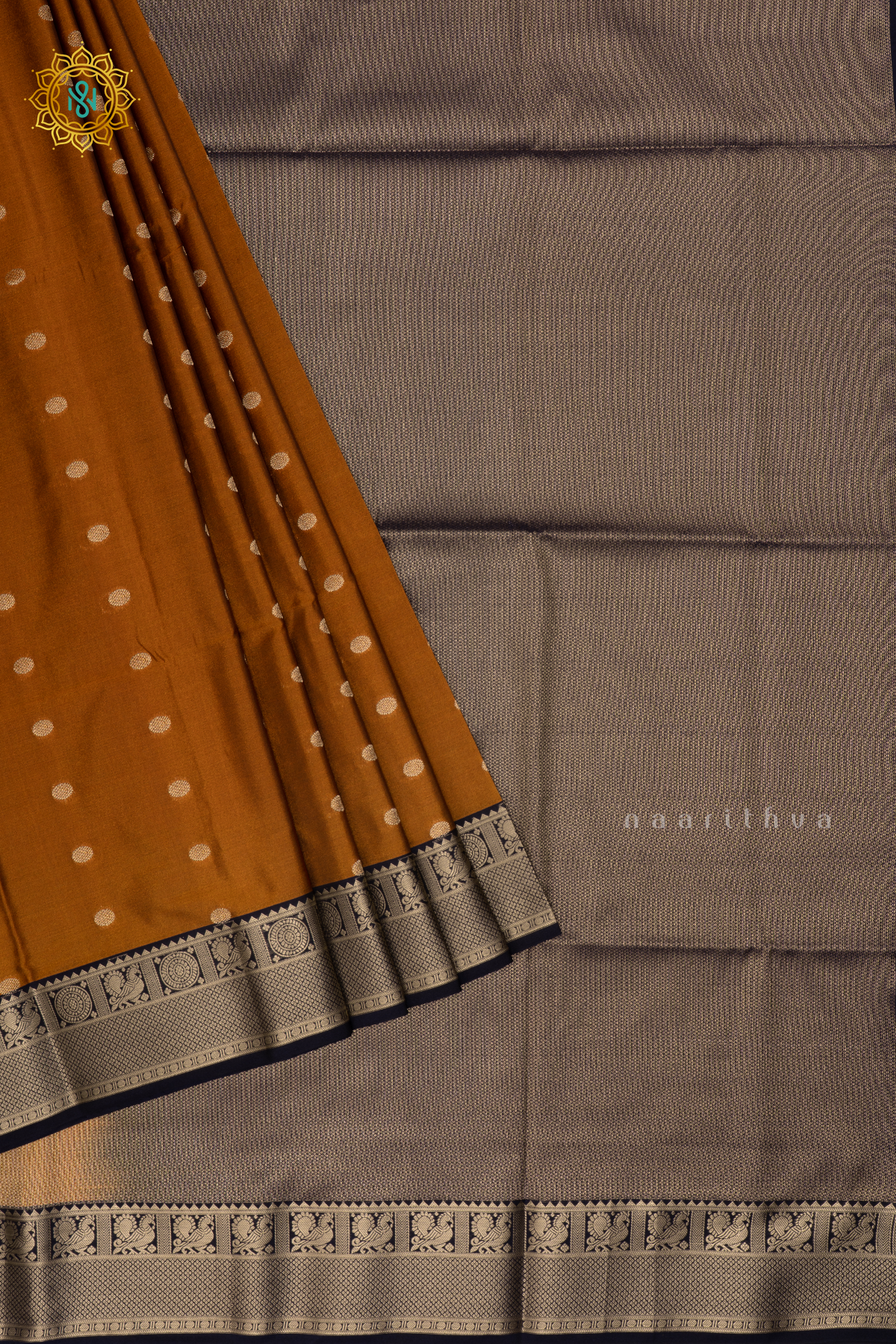 Rust Orange With Navy Blue Semi Soft Silk Saree Allover Zari Buttas And Contrast Zari Border