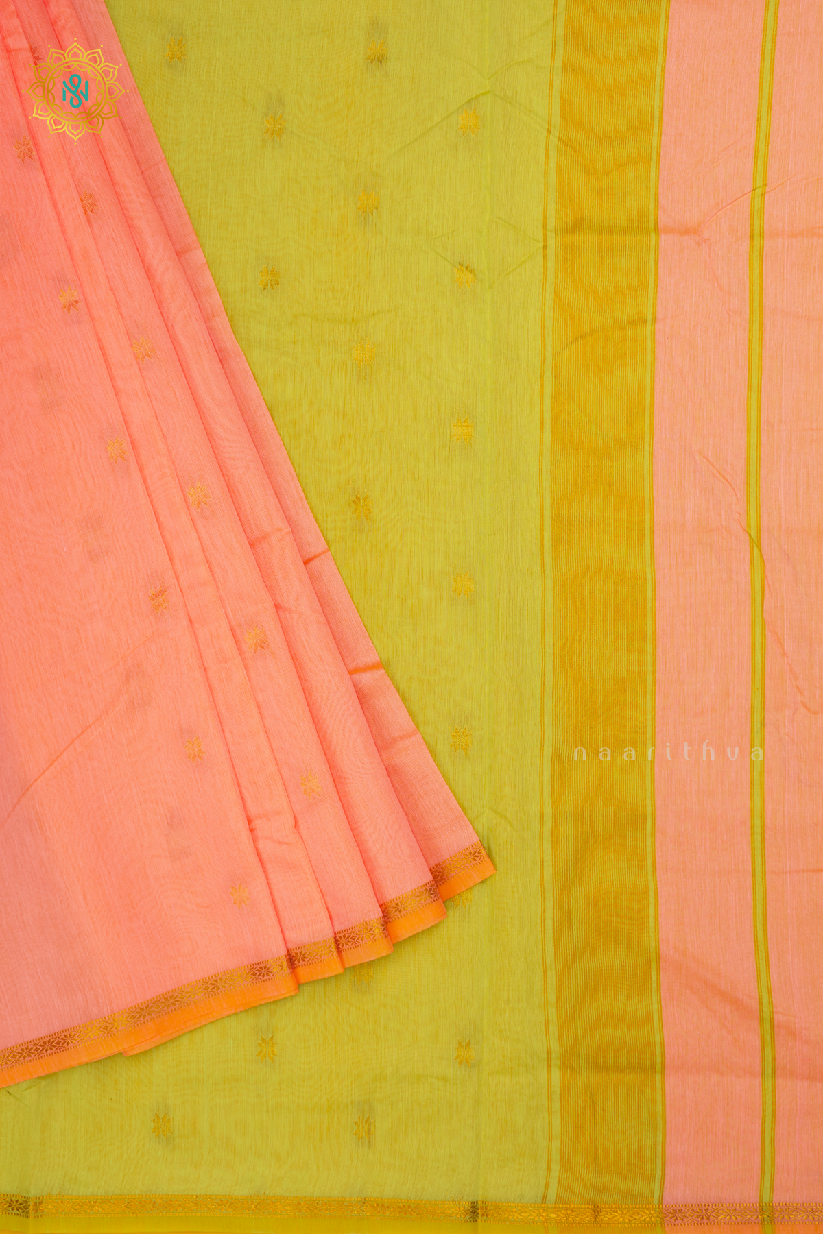 Peach With Light Green Silk Cotton Saree With Zari Woven Buttas And Contrast Zari Border