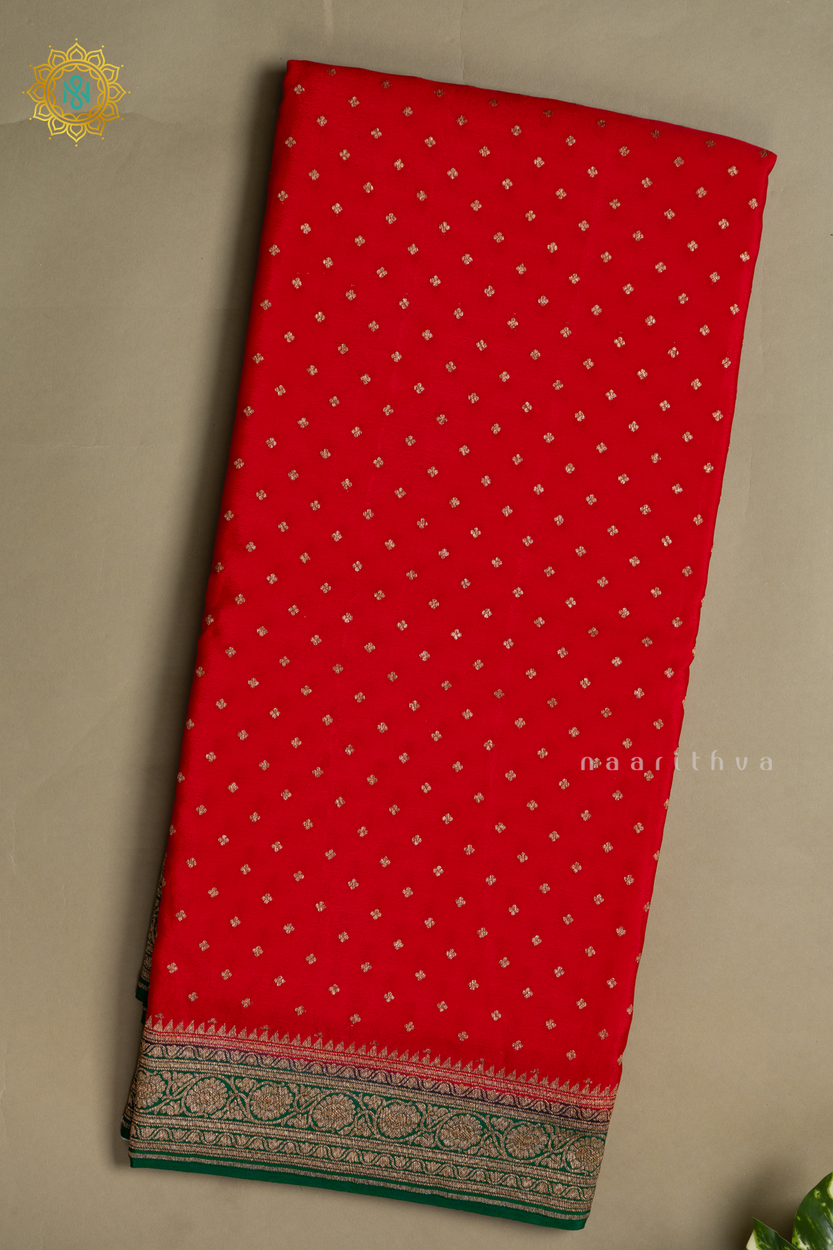 RED WITH GREEN - PURE BANARASI CREPE