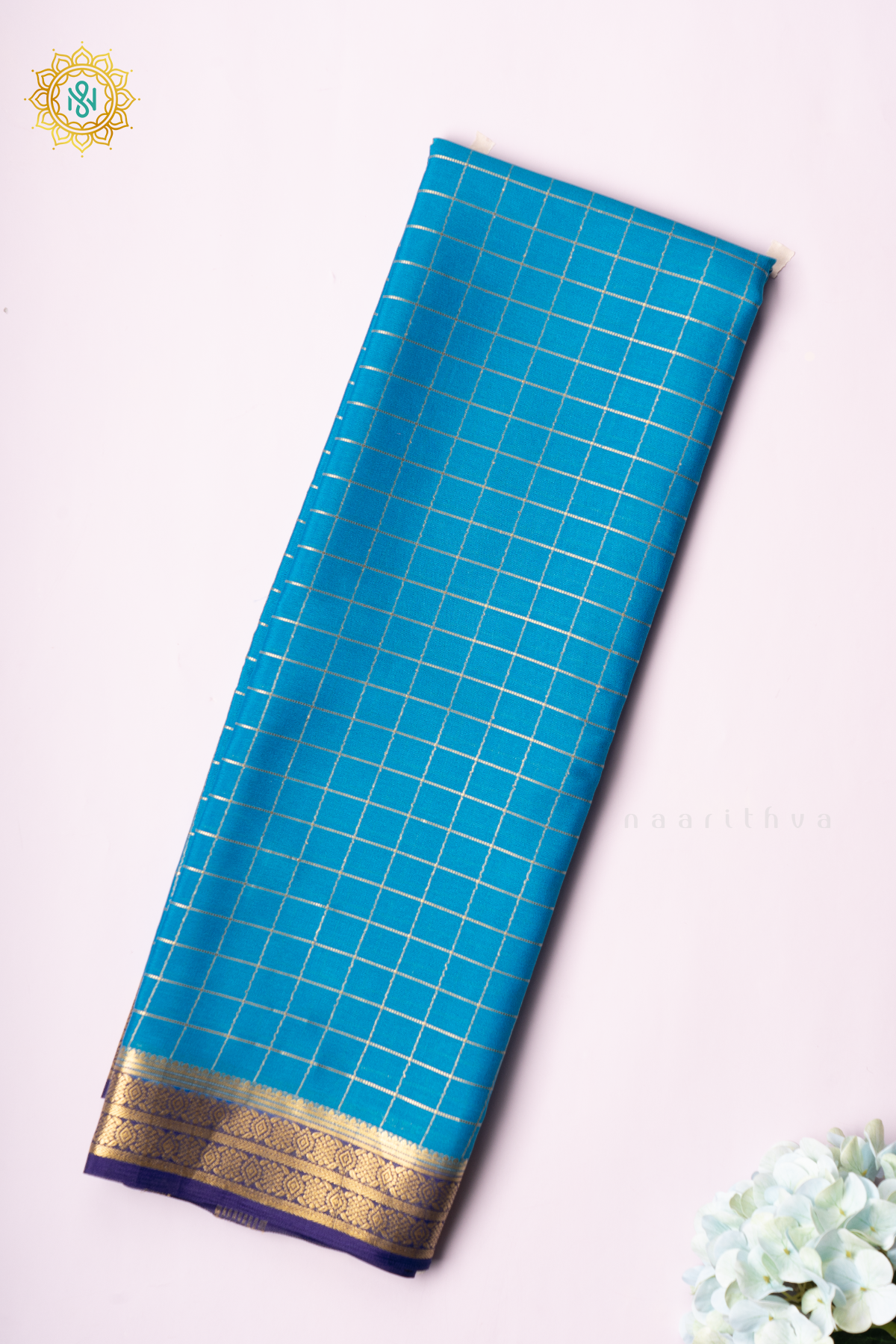 SKY BLUE WITH NAVY BLUE - PURE MYSORE CREPE SILK