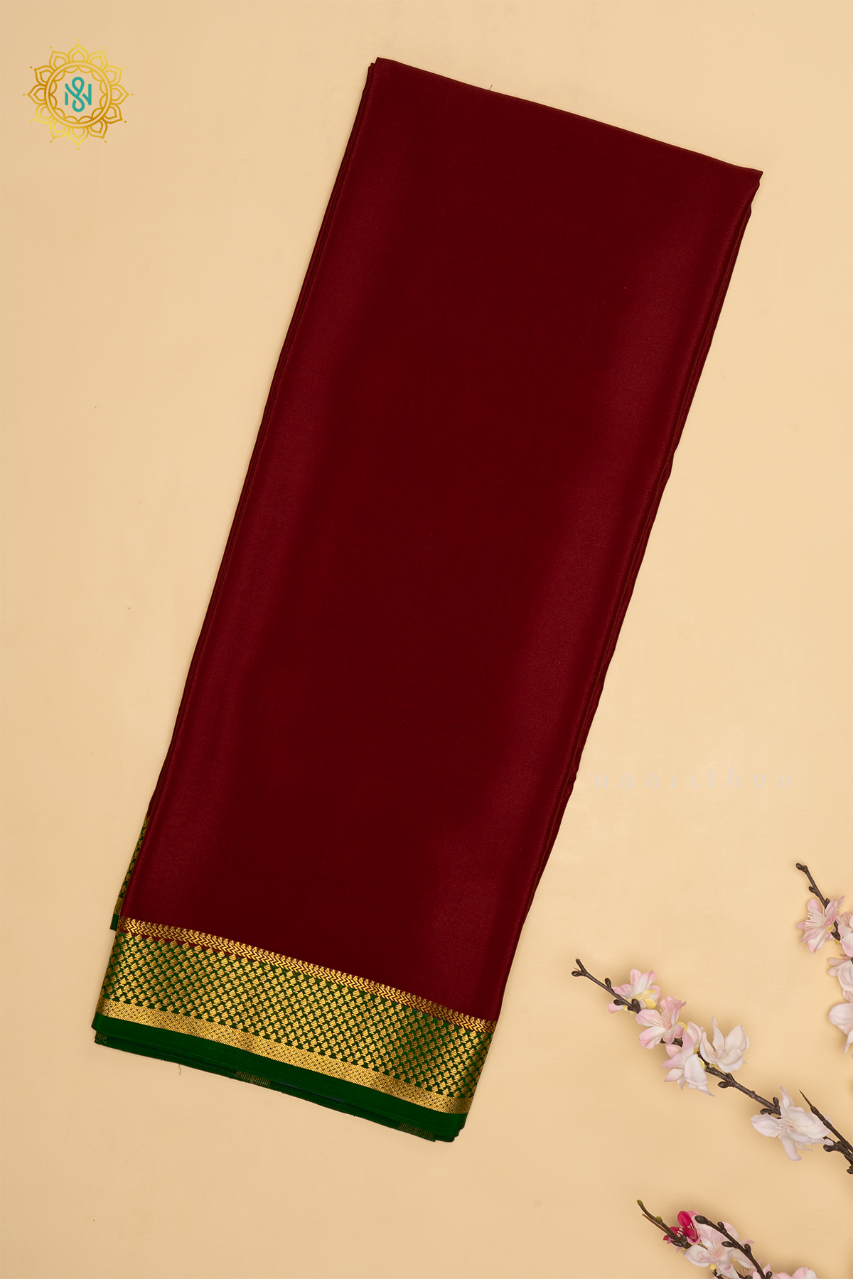 MAROON WITH GREEN - PURE MYSORE CREPE SILK SAREE