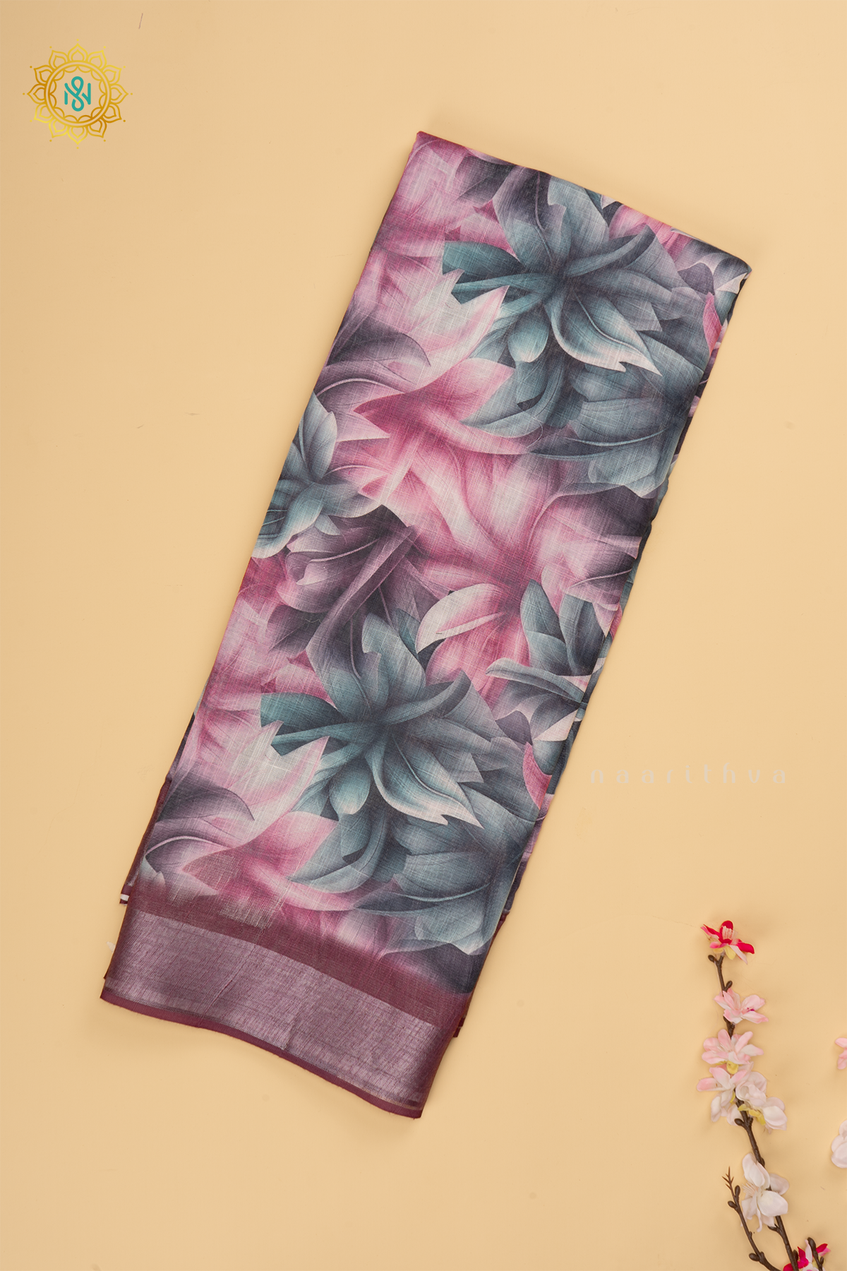Deep Wine Linen By Cotton Saree With Floral Printed Body