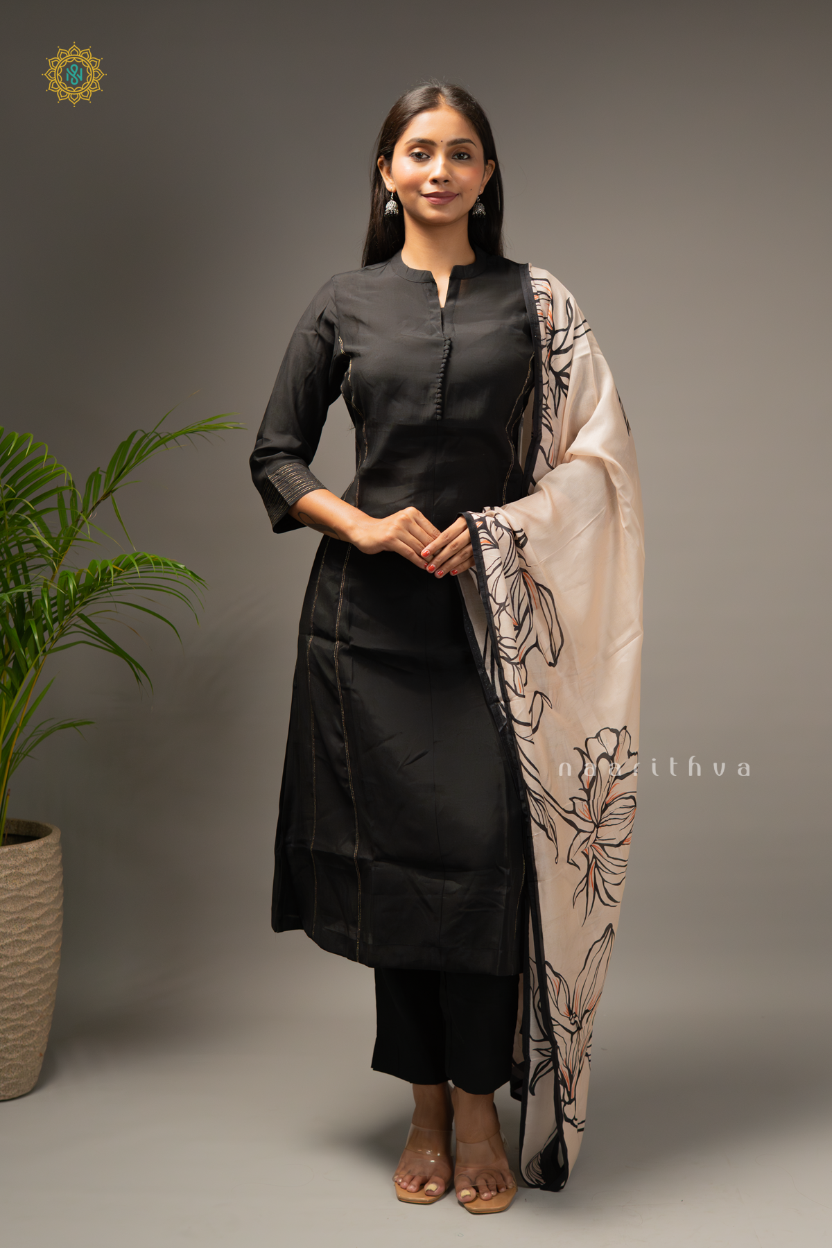 BLACK WITH OFF WHITE - SILK 3PC SALWAR SUIT WITH TOP, BOTTOM & DUPATTA