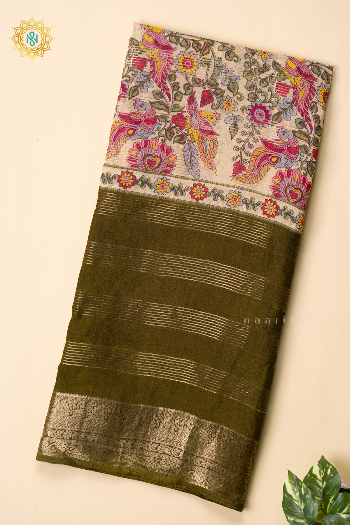 OFF WHITE WITH OLIVE GREEN - SEMI GEORGETTE