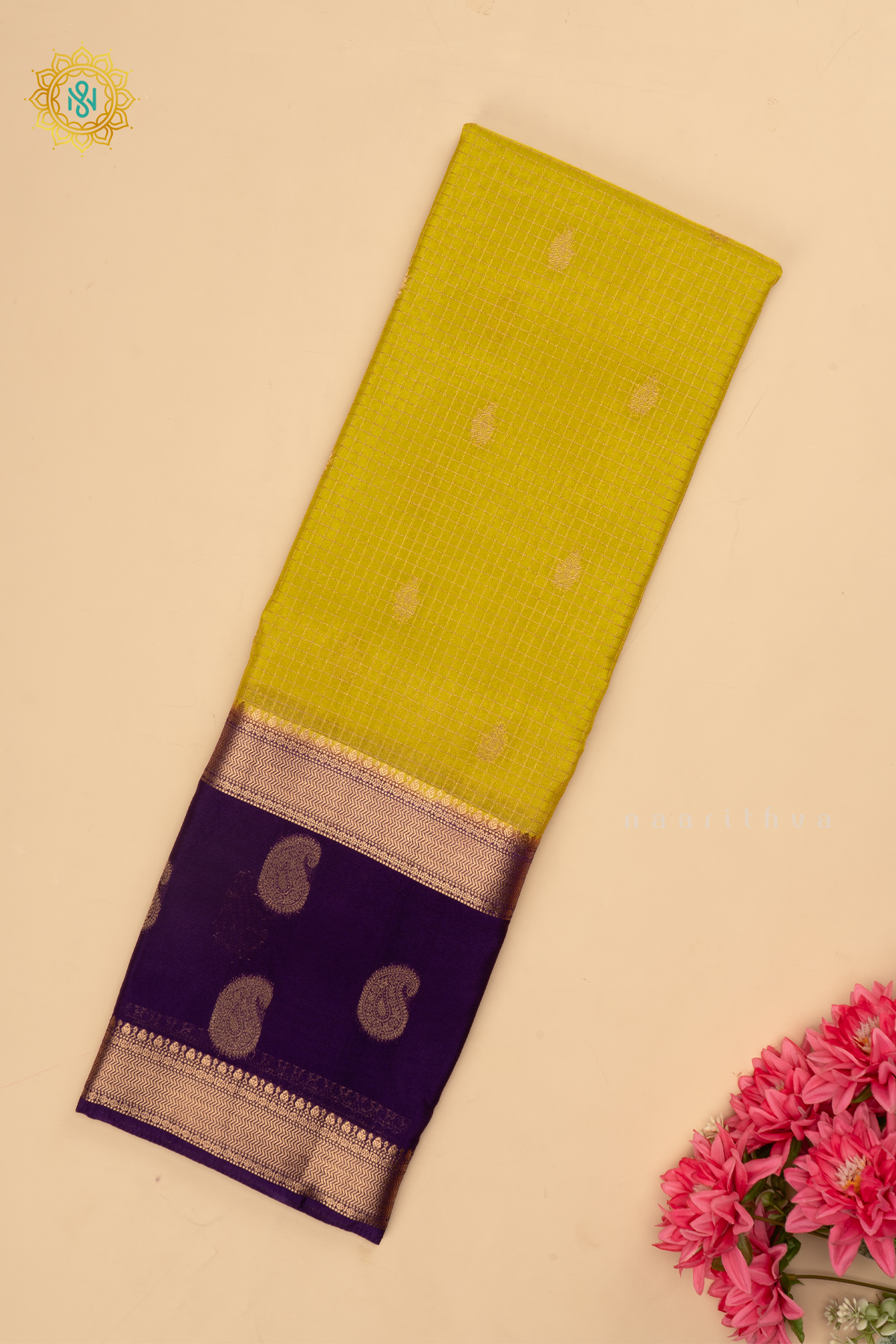Yellow with Purple Semi Mysore Crepe Silk Saree with All-Over Zari Checks and Buttas and a Contrast Zari Gap Border