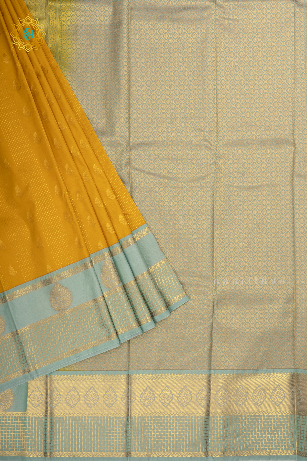 Yellow With Aqua Green Semi Kanchi Saree With Zari Buttas All Over And Contrast Zari Border