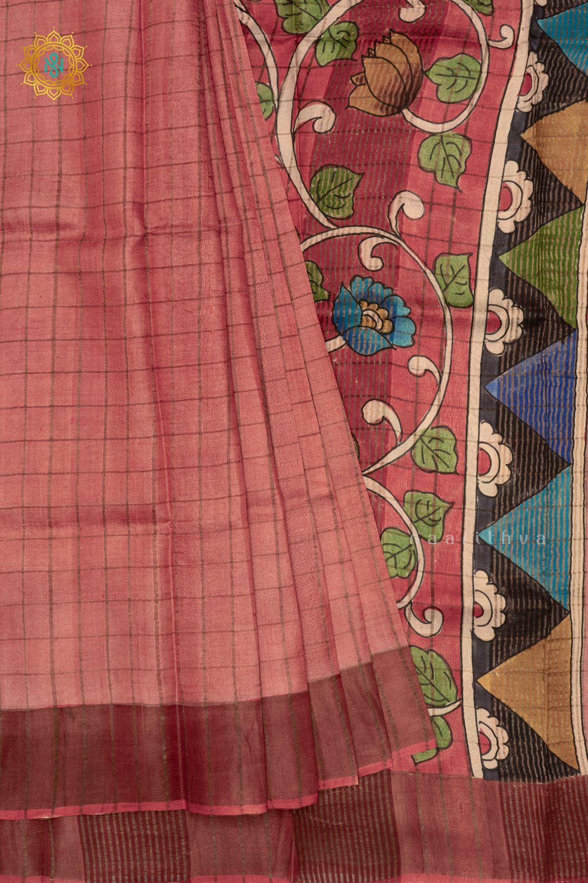 PEACH WITH RED - PURE TUSSAR SILK