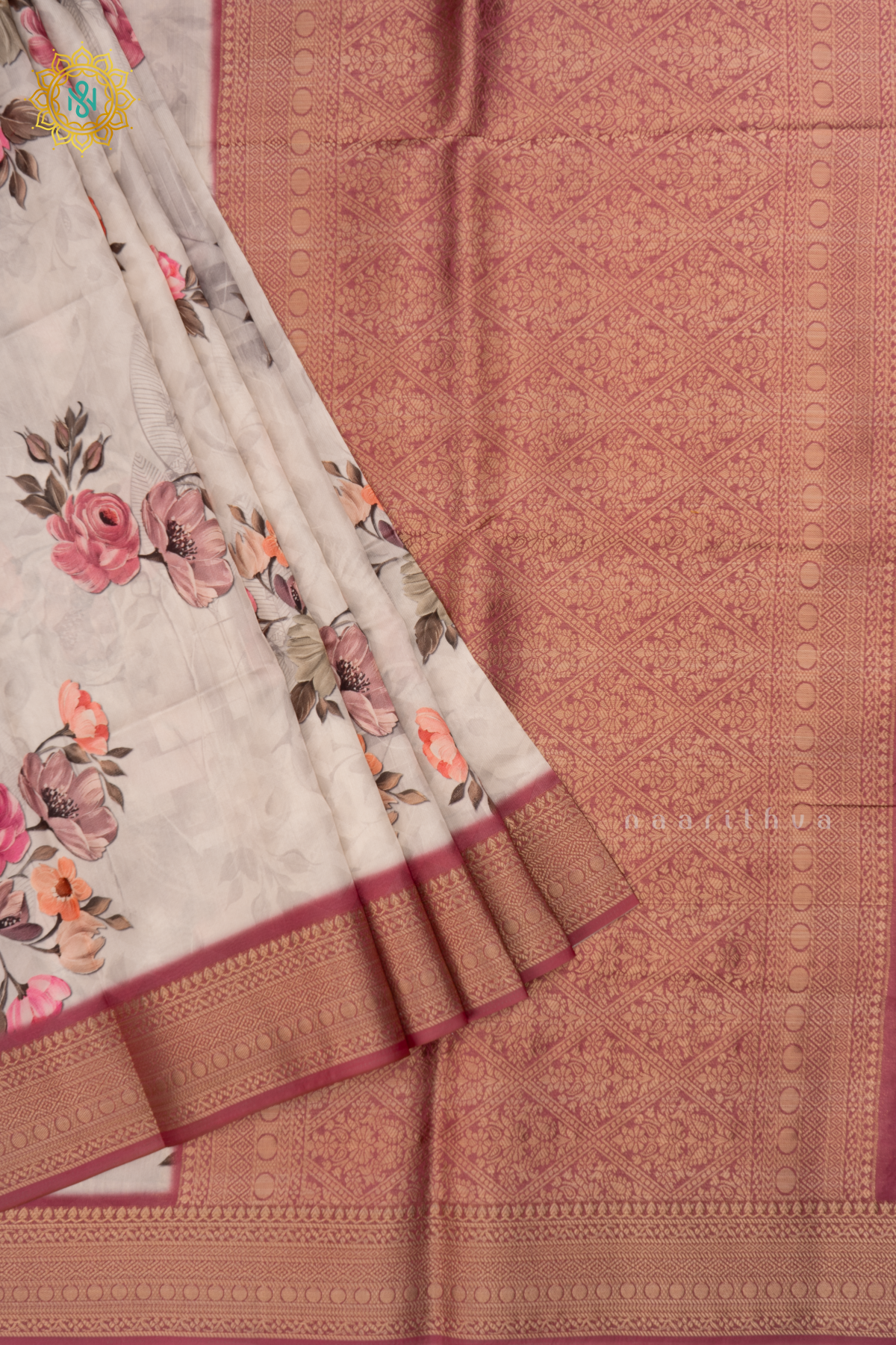 White with Rouge Pink Semi Crepe Silk Saree with Printed Body, Zari Border, and Zari Pallu