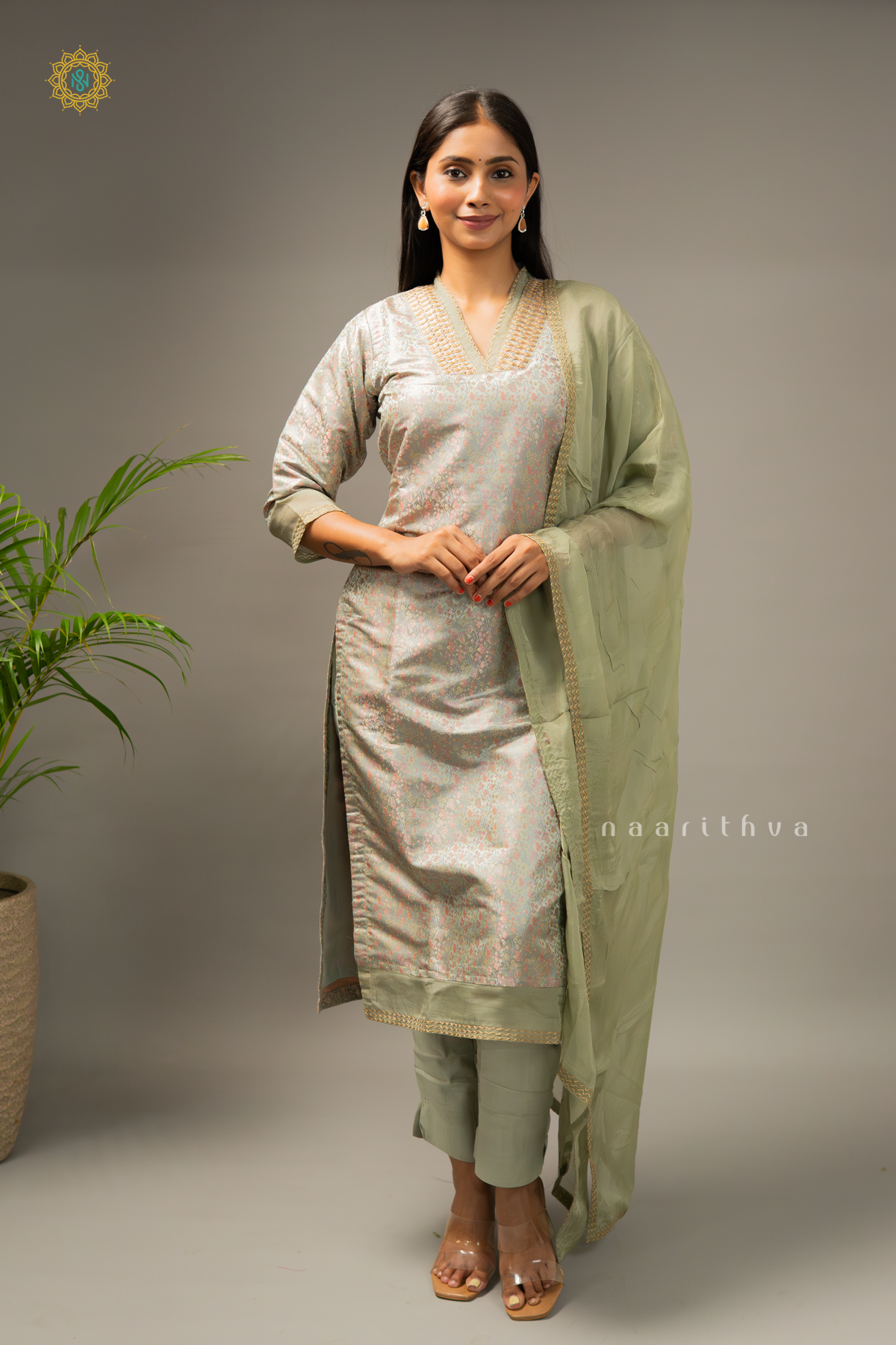 GREY - SATIN 3PC SALWAR SUIT WITH TANCHOI WEAVING TOP, BOTTOM & DUPATTA