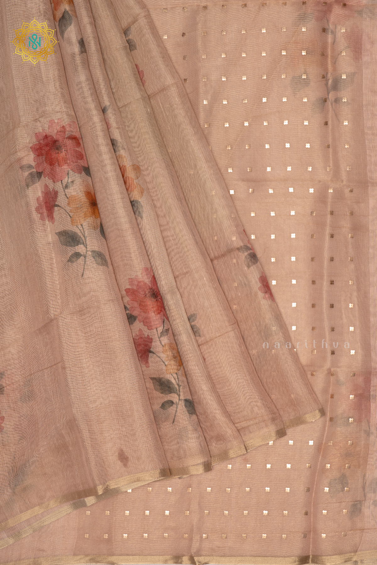 Peach Linen Tissue Saree With Floral Prints On The Body And Tissue Border