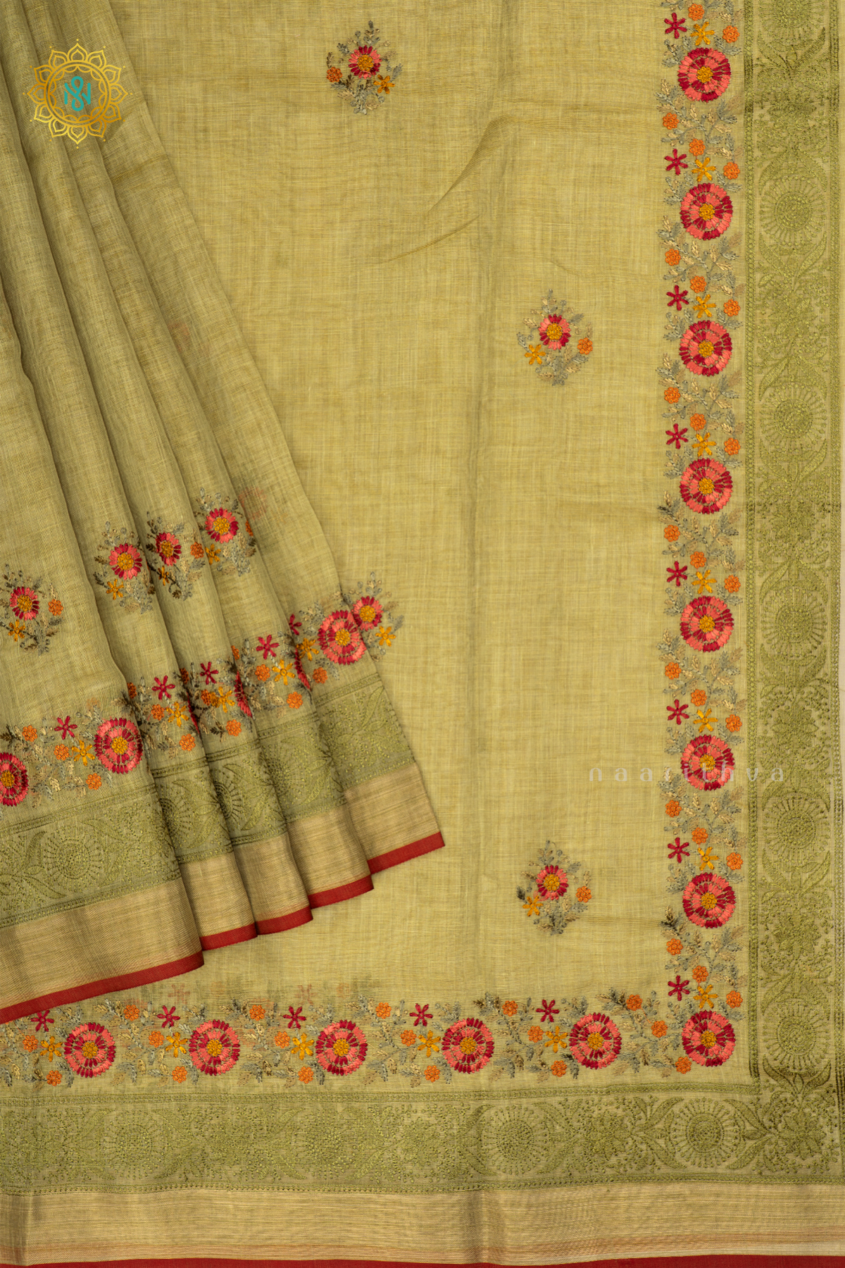 Light Green - Linen Tissue Saree Allover Thread Work Buttas with Tissue Border