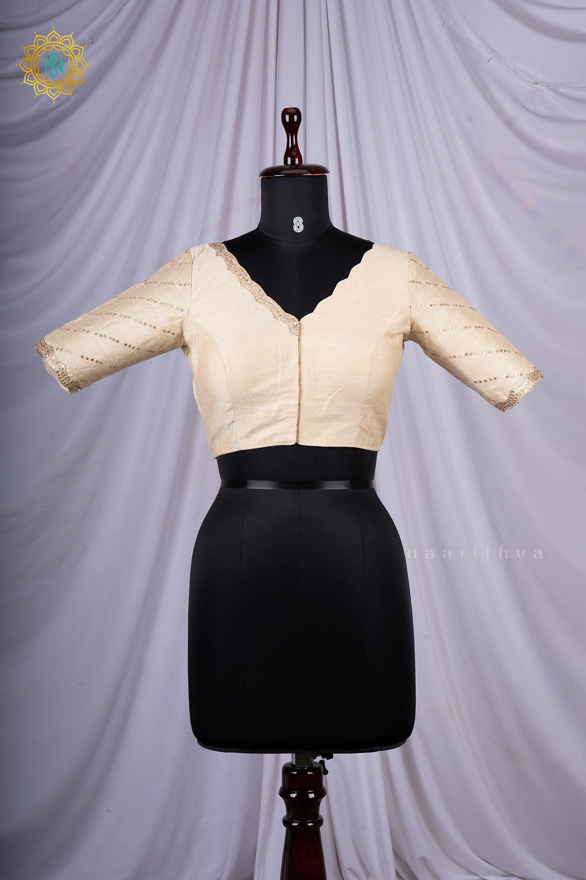 White Cotton Silk Readymade Blouse with a Scalloped Neckline and Sequin Work