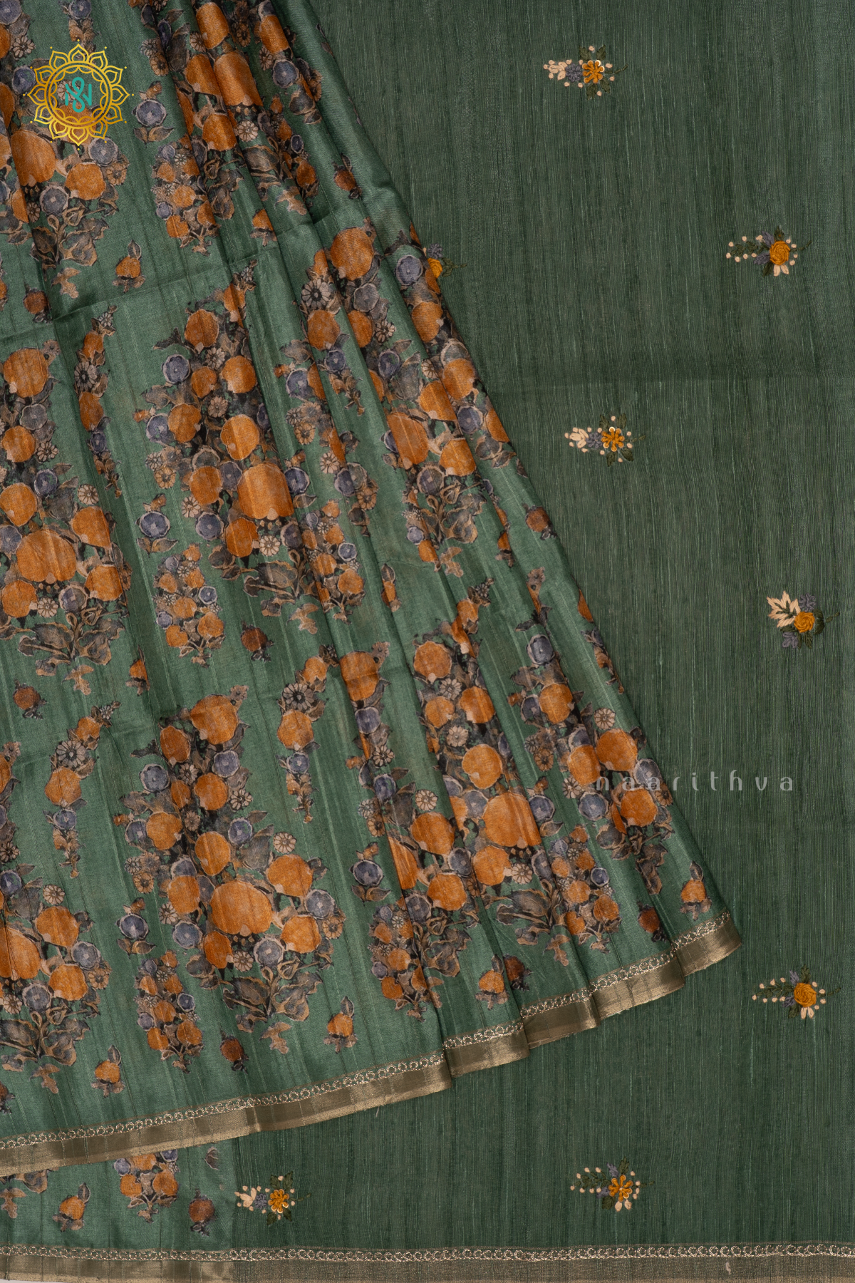 GREEN - KOTHA TUSSAR SAREE WITH PRINTED BODY, EMBROIDERY WOVEN BUTTAS AND AARI WORK BORDER