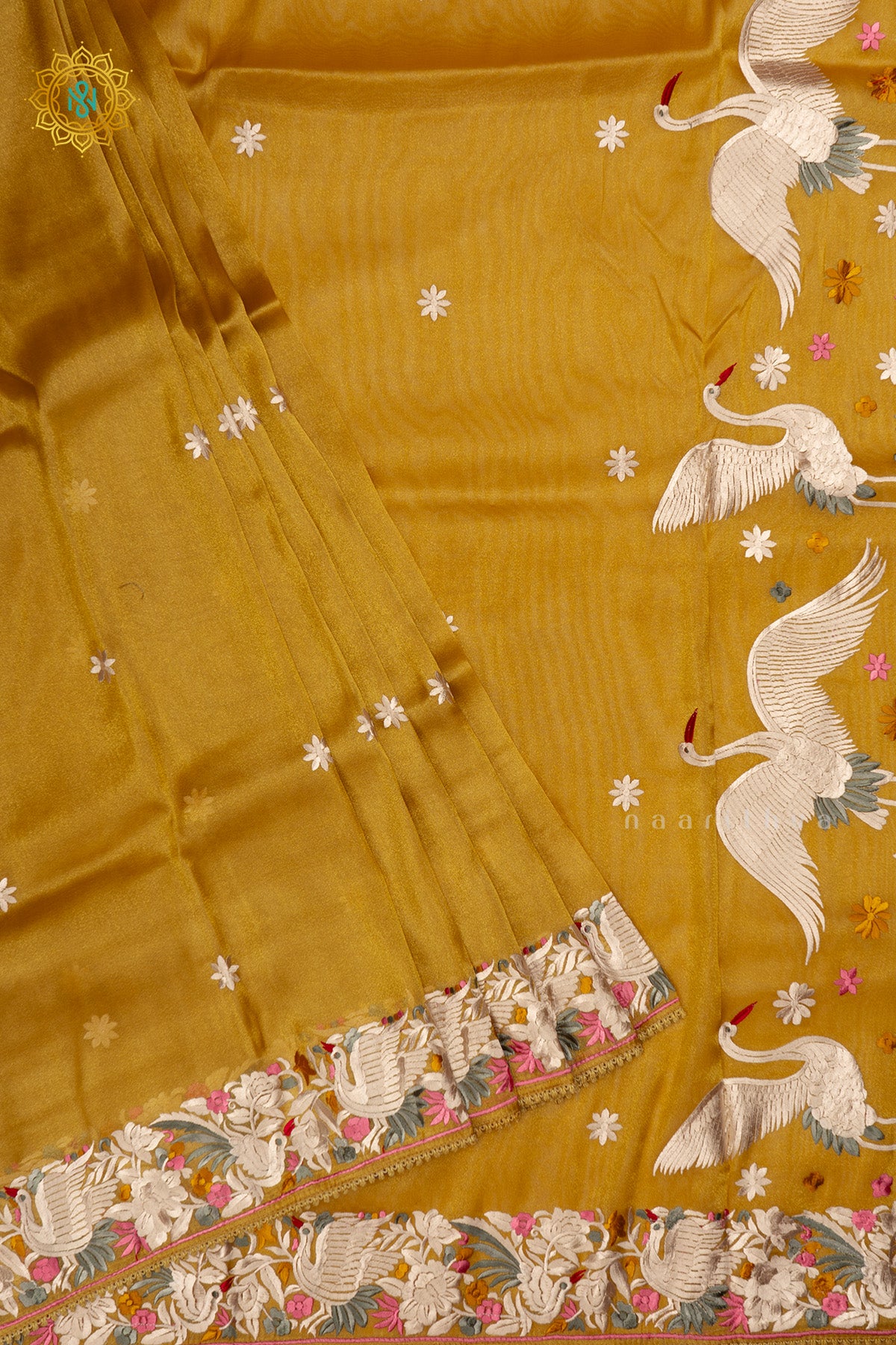 Mustard Yellow Tissue Organza Saree All Over Hand Embroidery Buttas with Hand Embroidery Border