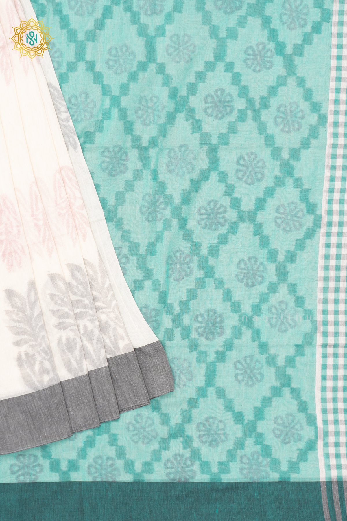 WHITE WITH AQUA GREEN - MUL COTTON