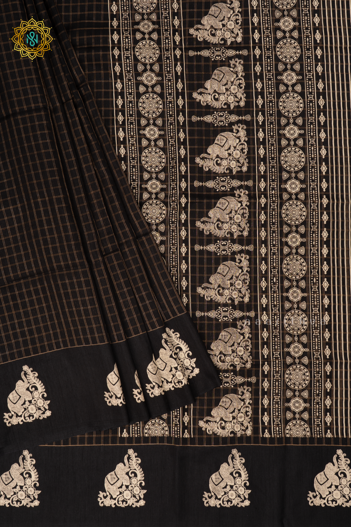 Black - Dola Silk Saree Allover Zari Checks and Printed Pallu with Satin Printed Border