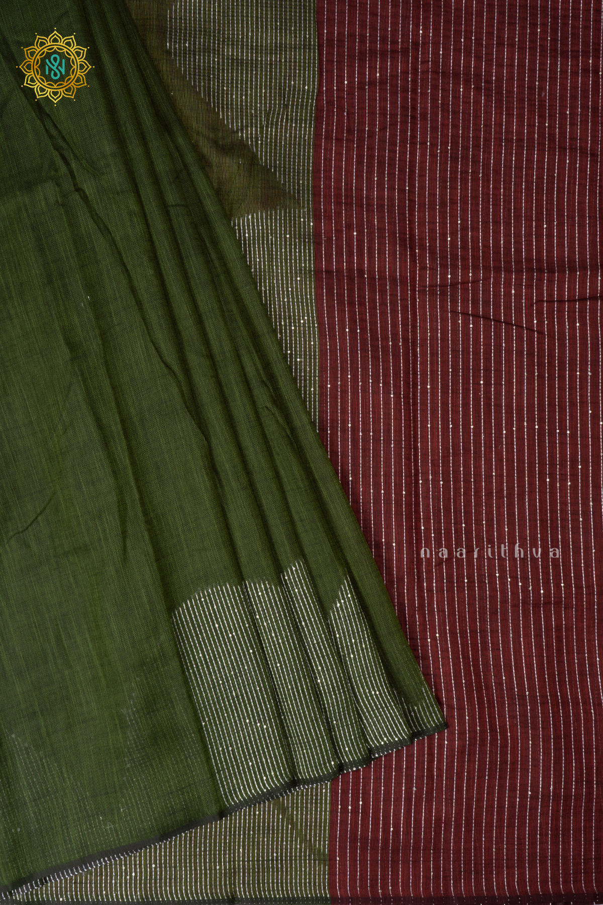 Green With Maroon Linen By Cotton Saree With Contrast Pallu & Blouse