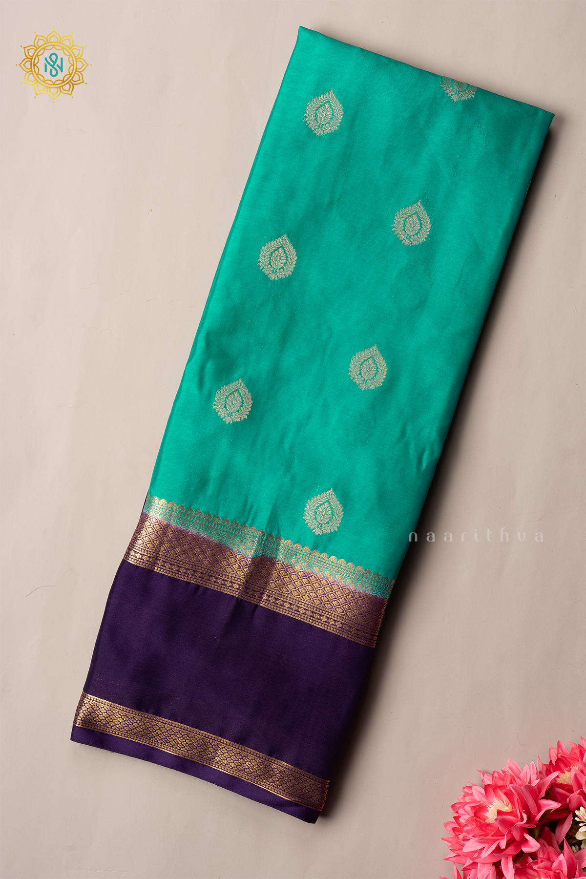 AQUA GREEN WITH PURPLE - SEMI MYSORE CREPE SILK