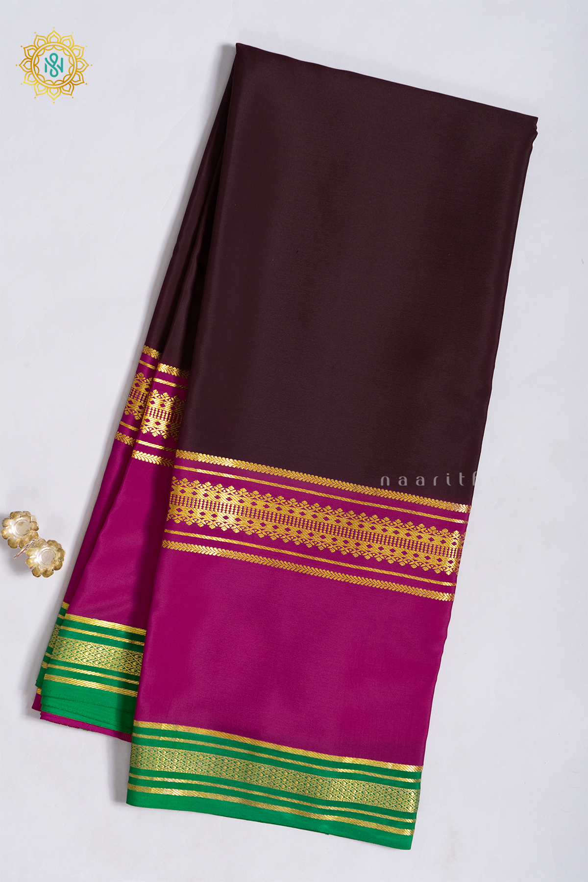 DEEP WINE WITH PINK & GREEN - PURE MYSORE CREPE SILK