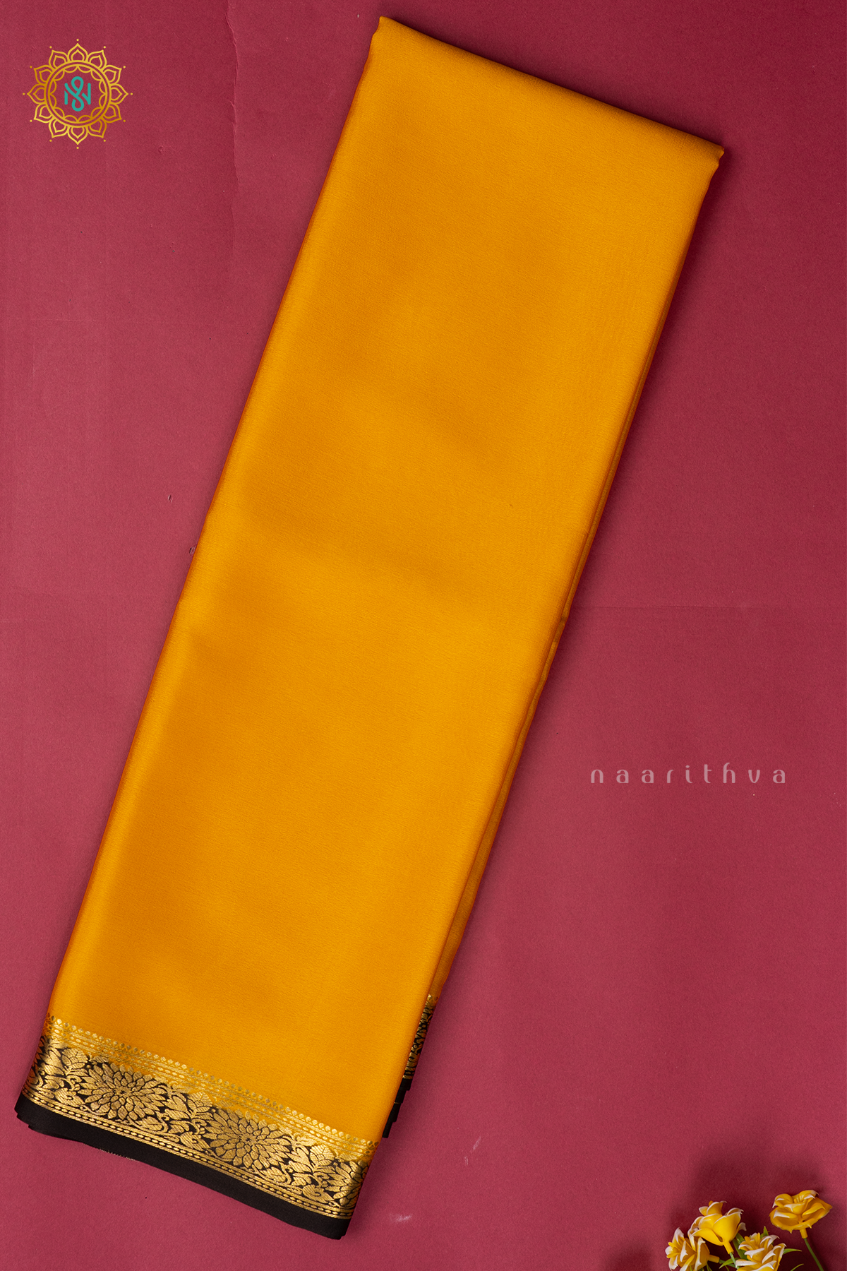 YELLOW WITH BLACK - PURE MYSORE CREPE SILK