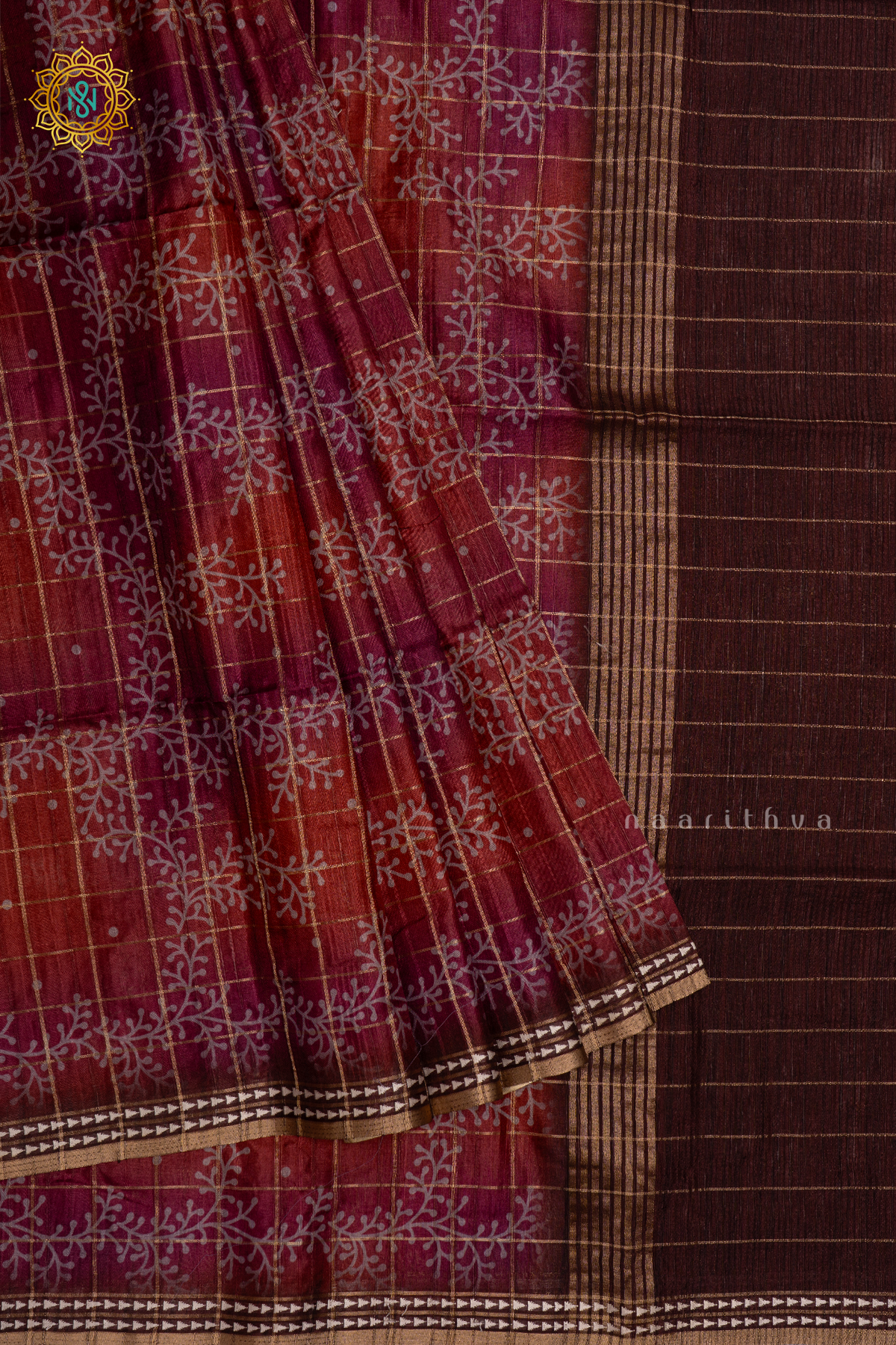 MAROON - KOTHA TUSSAR SAREE WITH PRINTED AND ZARI CHECKS BODY, THREAD WOVEN BORDER