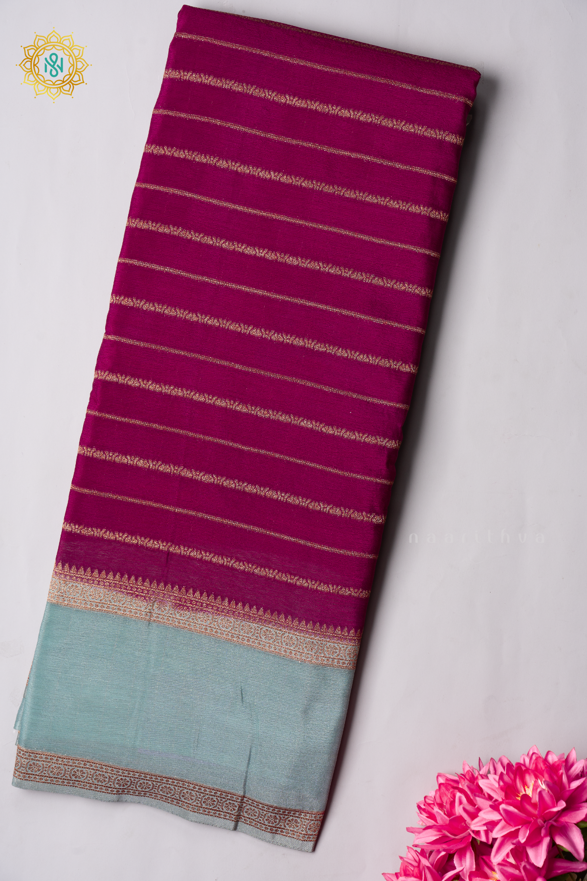 WINE WITH AQUA BLUE - SEMI CREPE GEORGETTE