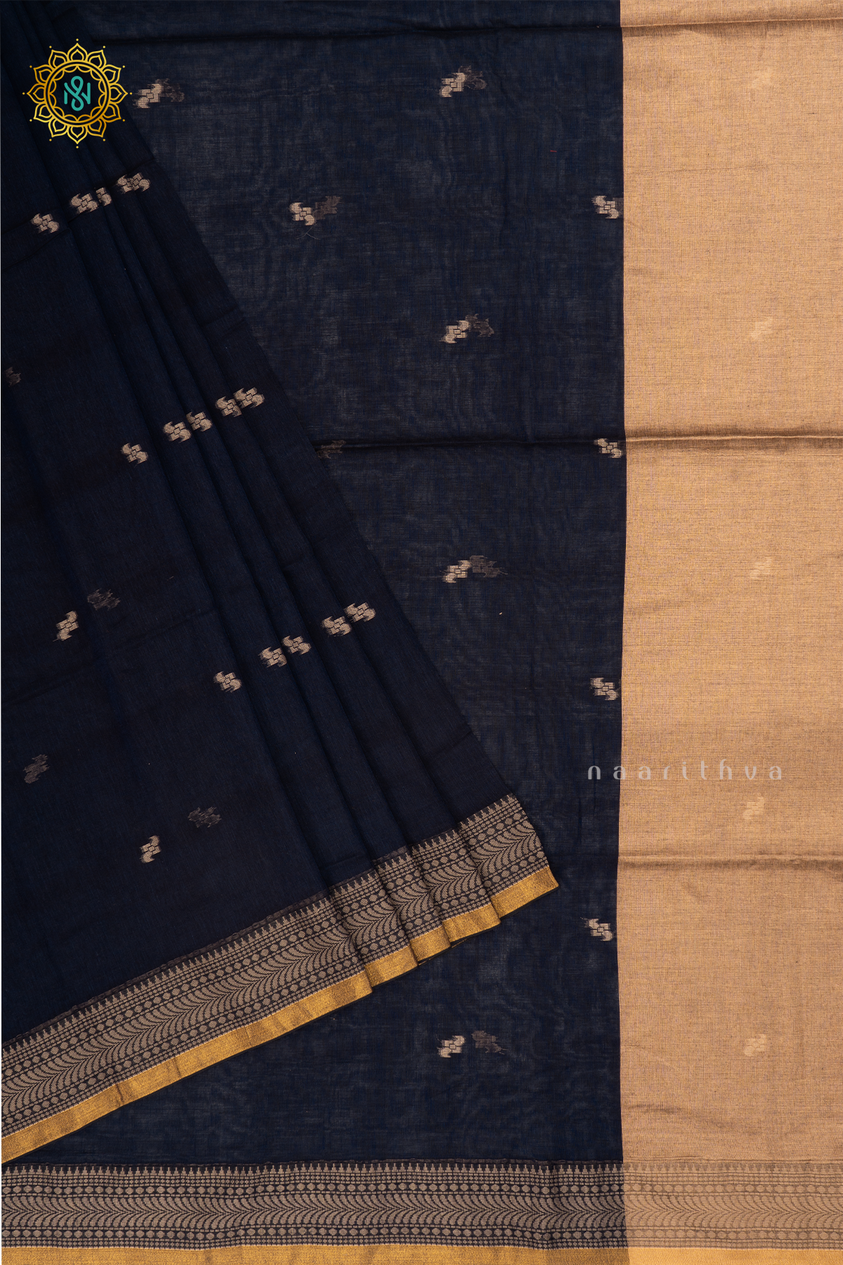 Navy Blue Mul Cotton Saree Thread Woven Buttas On The Body With Thread and Zari Woven Border