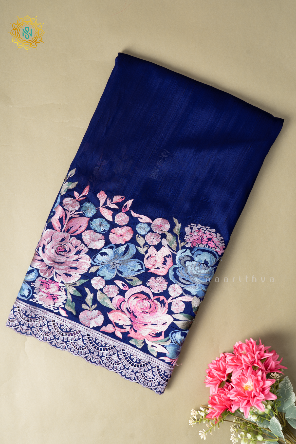 Blue Semi Tussar Silk Saree With Embroidery Border & Pallu