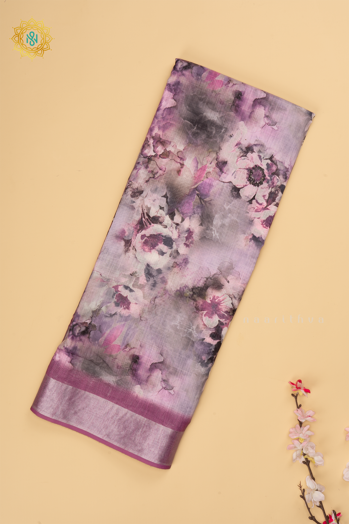 Rouge Pink Linen By Cotton Saree With Floral Printed Body
