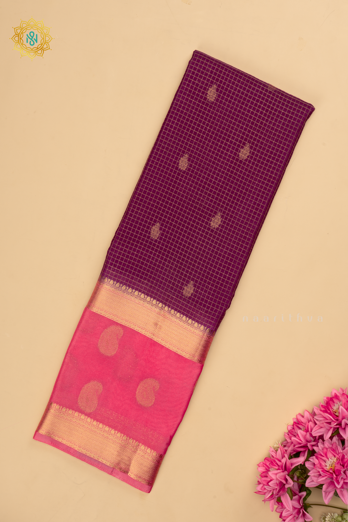Wine with Light Pink Semi Mysore Crepe Silk Saree with All-Over Zari Checks and Buttas and a Contrast Zari Gap Border