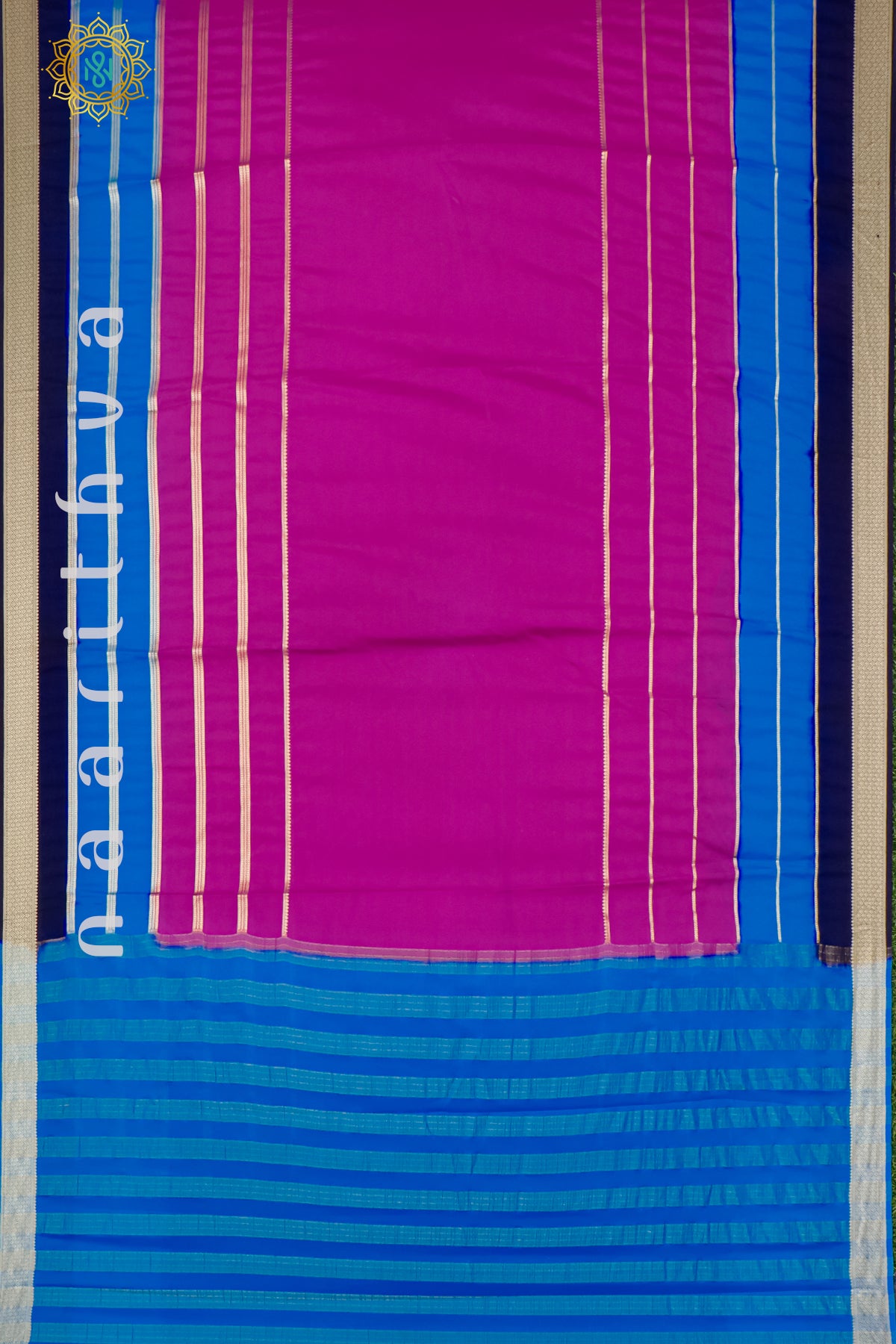 PINK WITH SKY BLUE & NAVY BLUE - SEMI MYSORE CREPE SILK