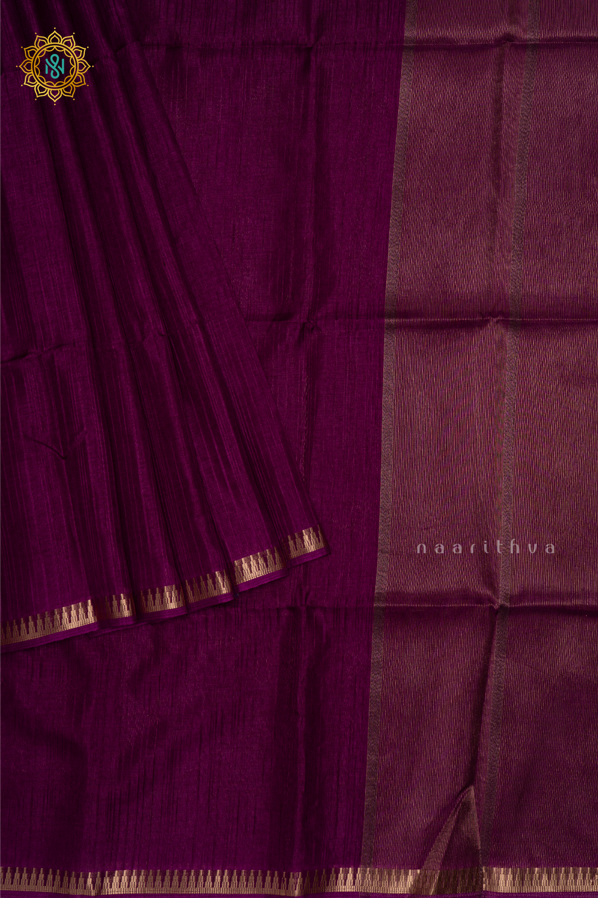 Wine Semi Raw Silk Saree With Plain Body And Temple Zari Border