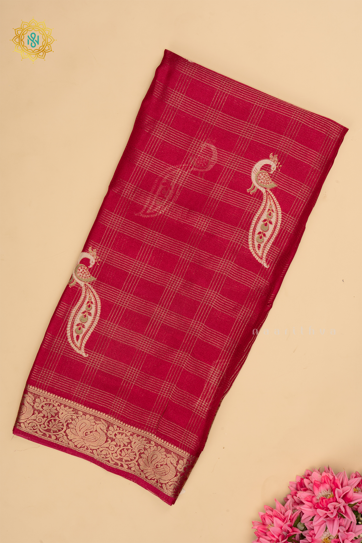 Rani Pink Semi Georgette Saree With Zari Checks Body, Printed Buttas And Zari Border