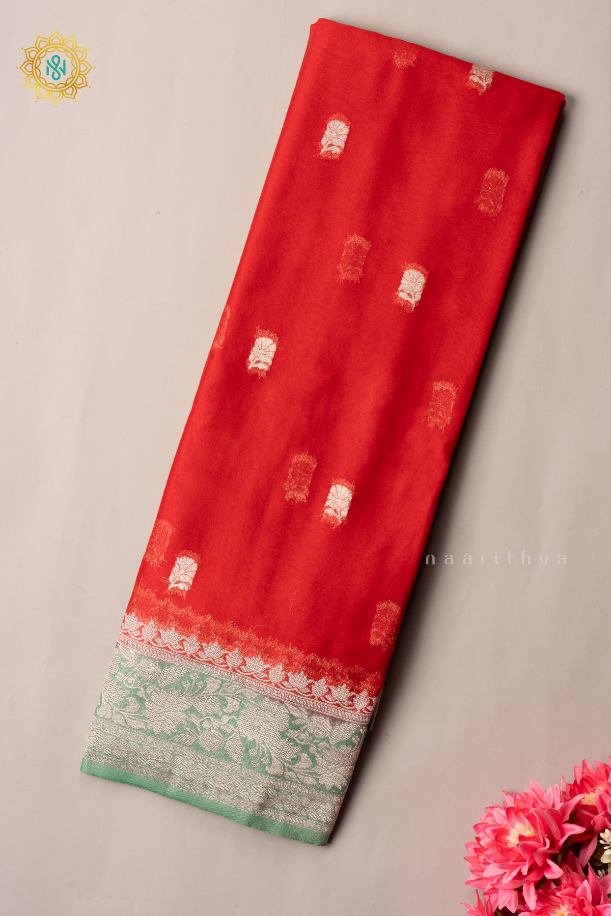RED WITH PISTA GREEN - SEMI CHIFFON BANARASI