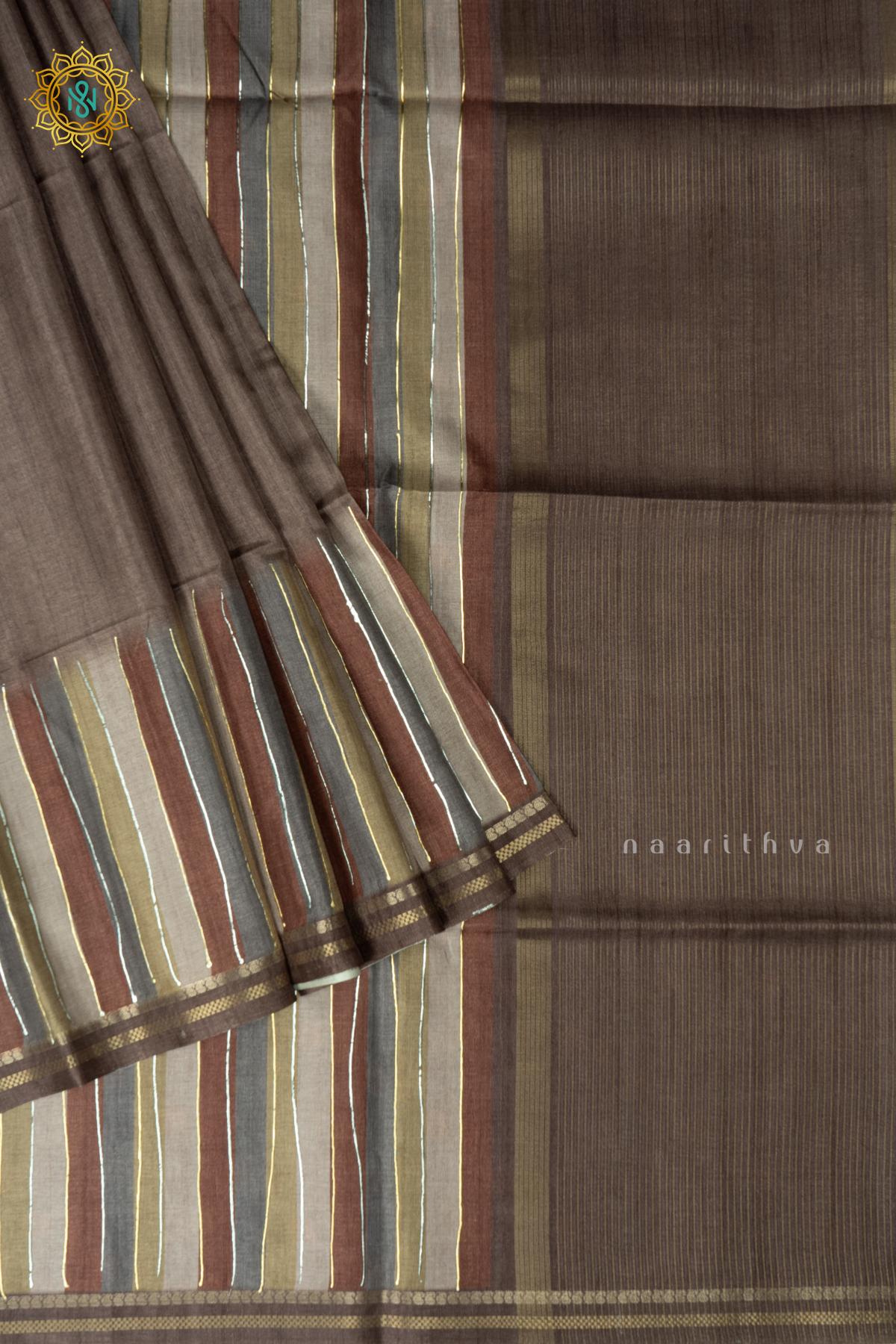Brown Semi Tussar Silk Saree With Vertical Stripes & Contrast Pallu